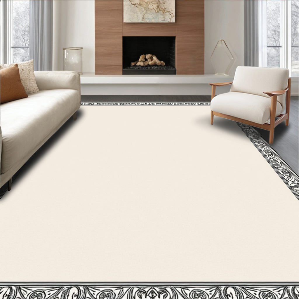 Elegant Cream Black Border Floral Rug
