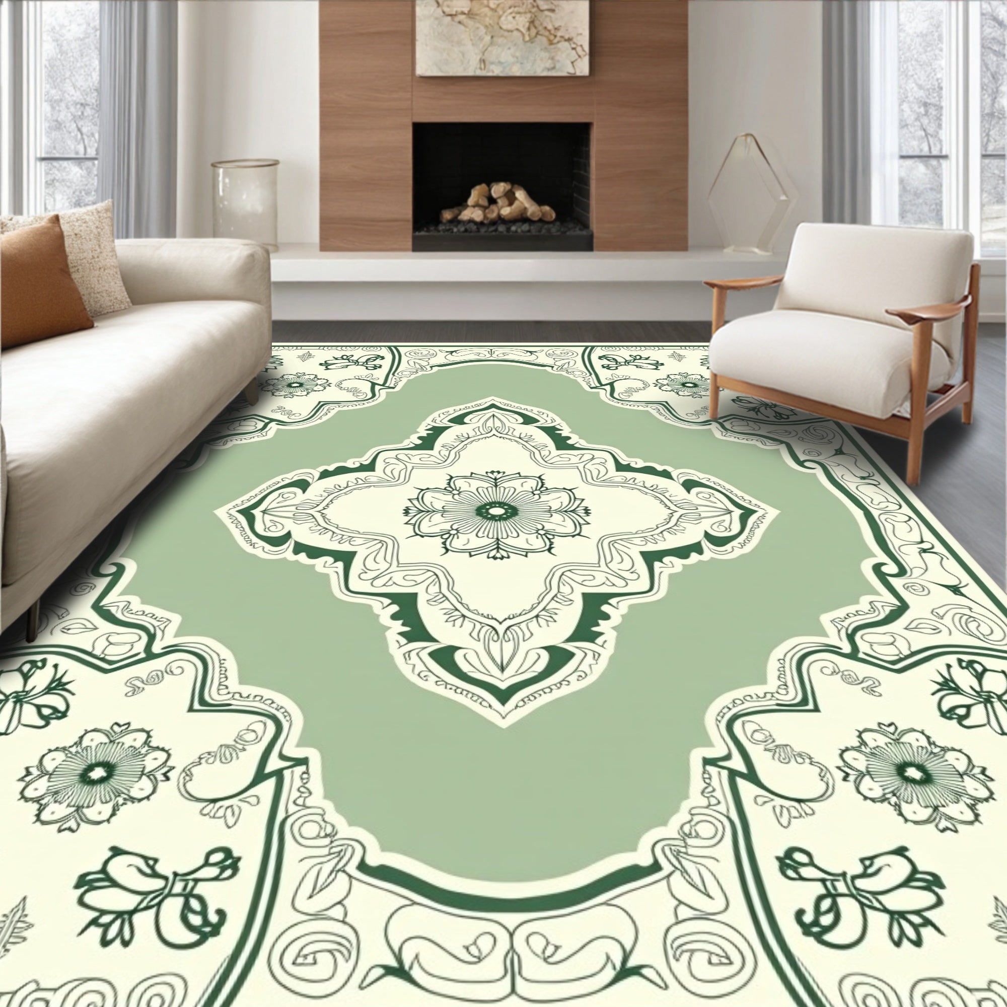 Sage Green Floral Medallion Border Rug