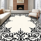 Elegant Black White Floral Arabesque Border Rug