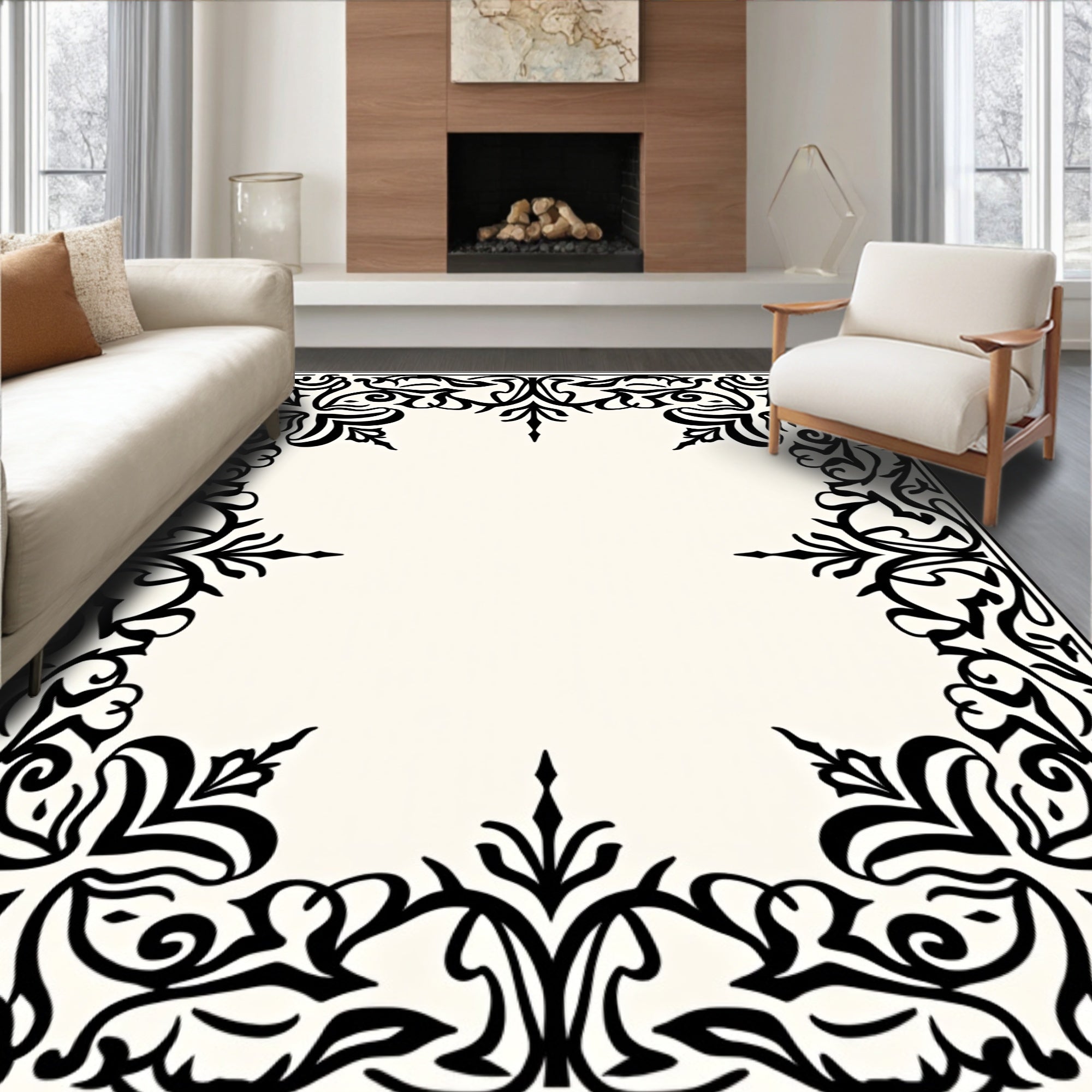 Elegant Black White Floral Arabesque Border Rug