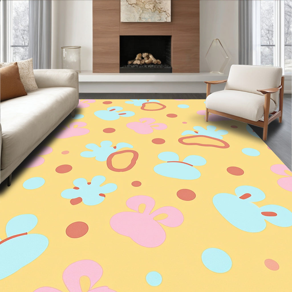 Whimsical Pink Blue Shapes Yellow Rug