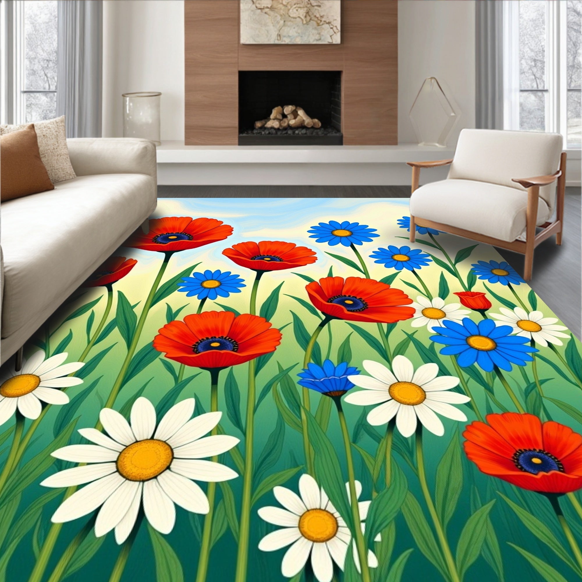 Vibrant Poppy Wildflower Meadow Rug