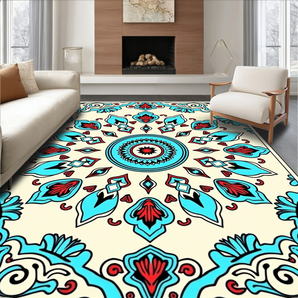 Bright Turquoise Red Floral Medallion Rug