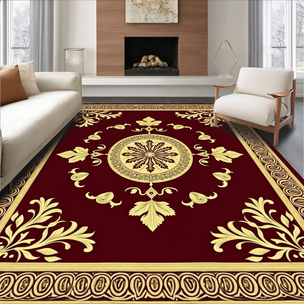 Burgundy Gold Floral Medallion Accents Rug