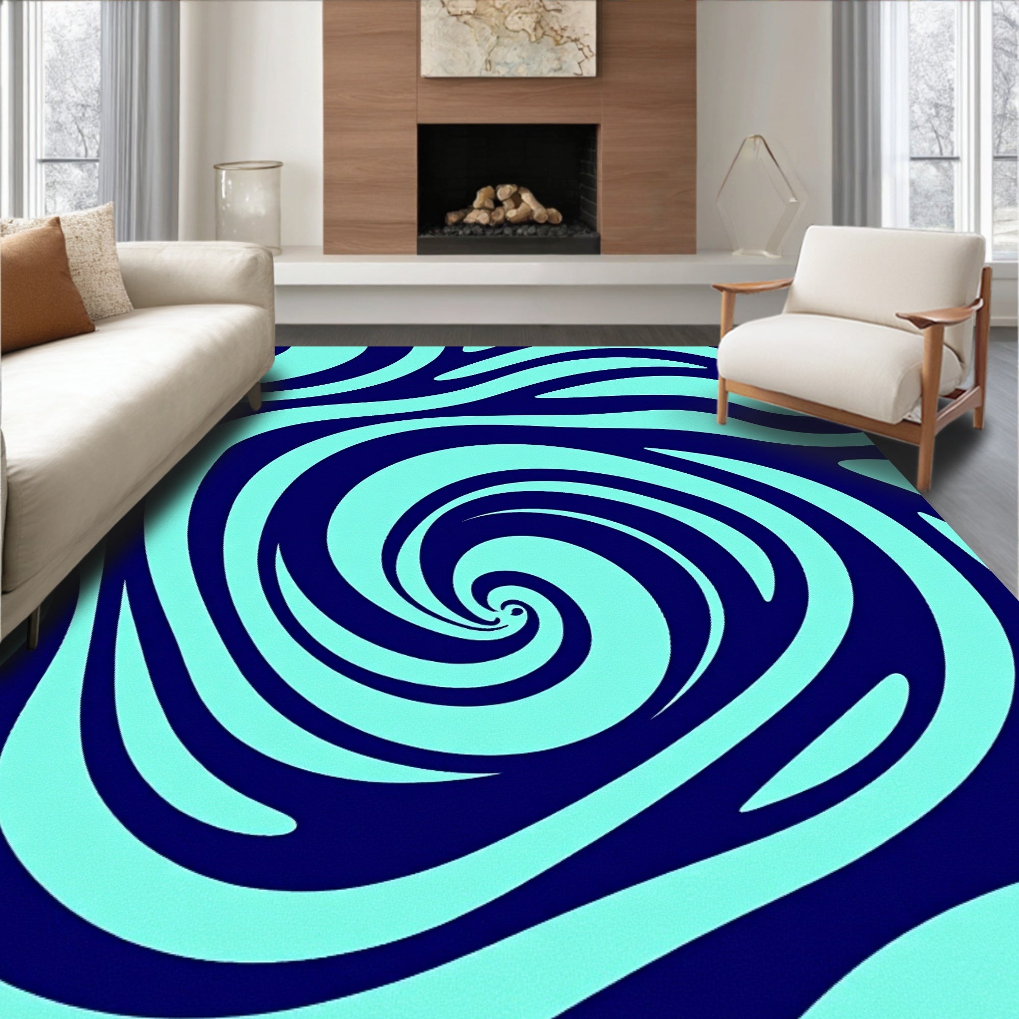 Deep Blue Swirling Aqua Waves Rug