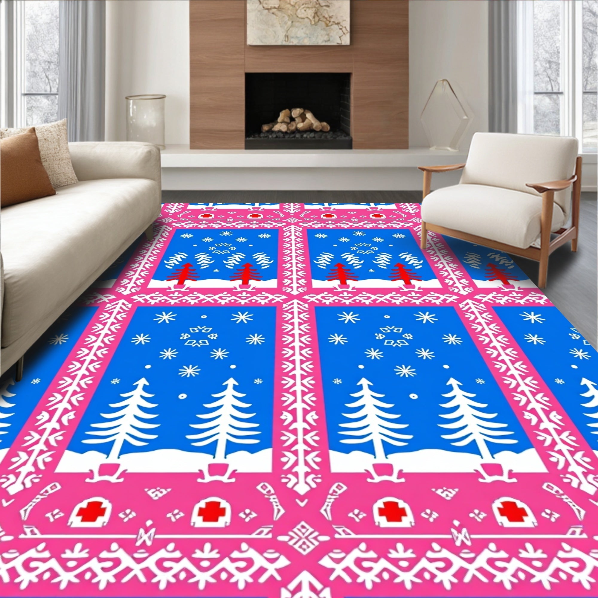 Bold Pink White Christmas Tree Snowflakes Rug