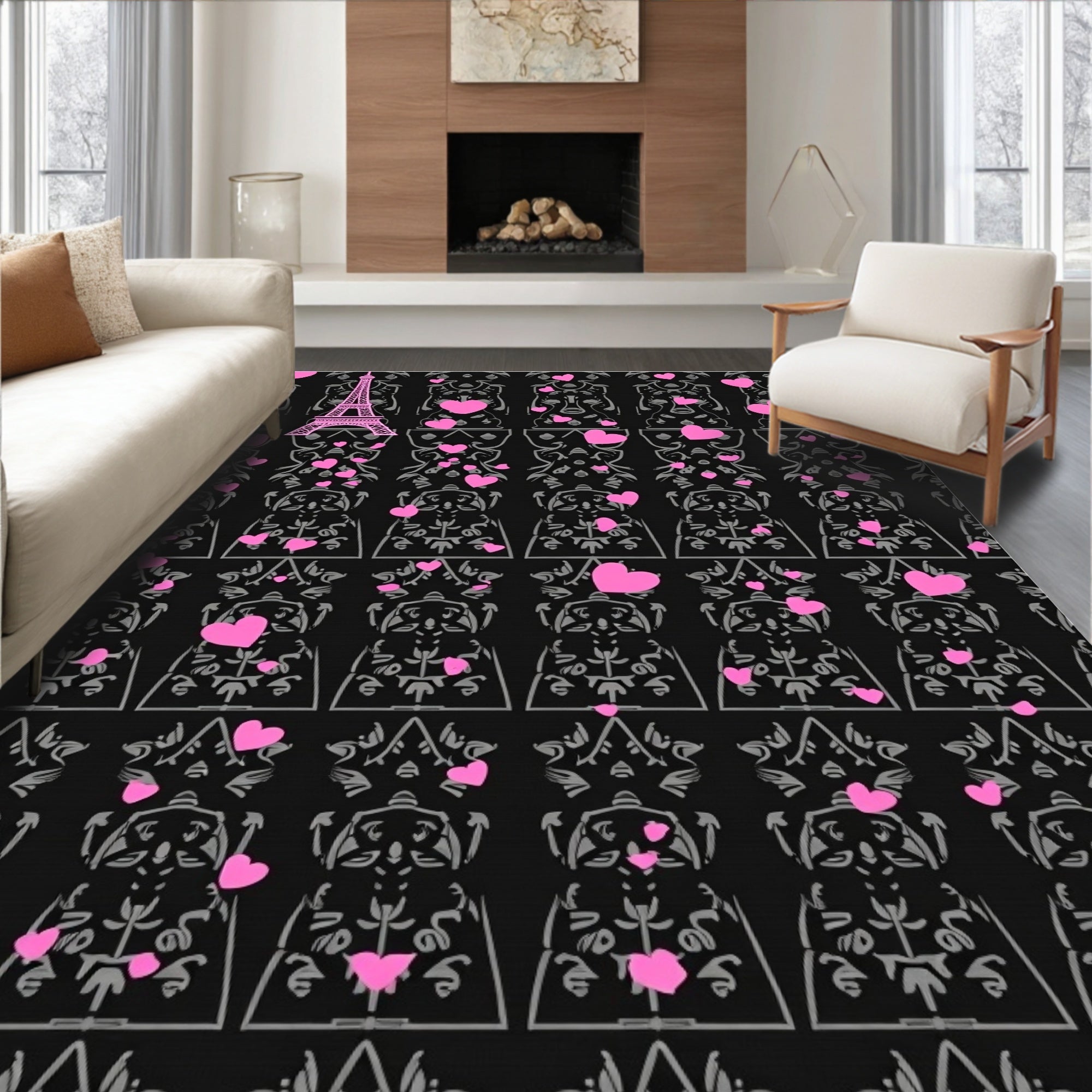 Pink Hearts Eiffel Tower Silhouette Rug