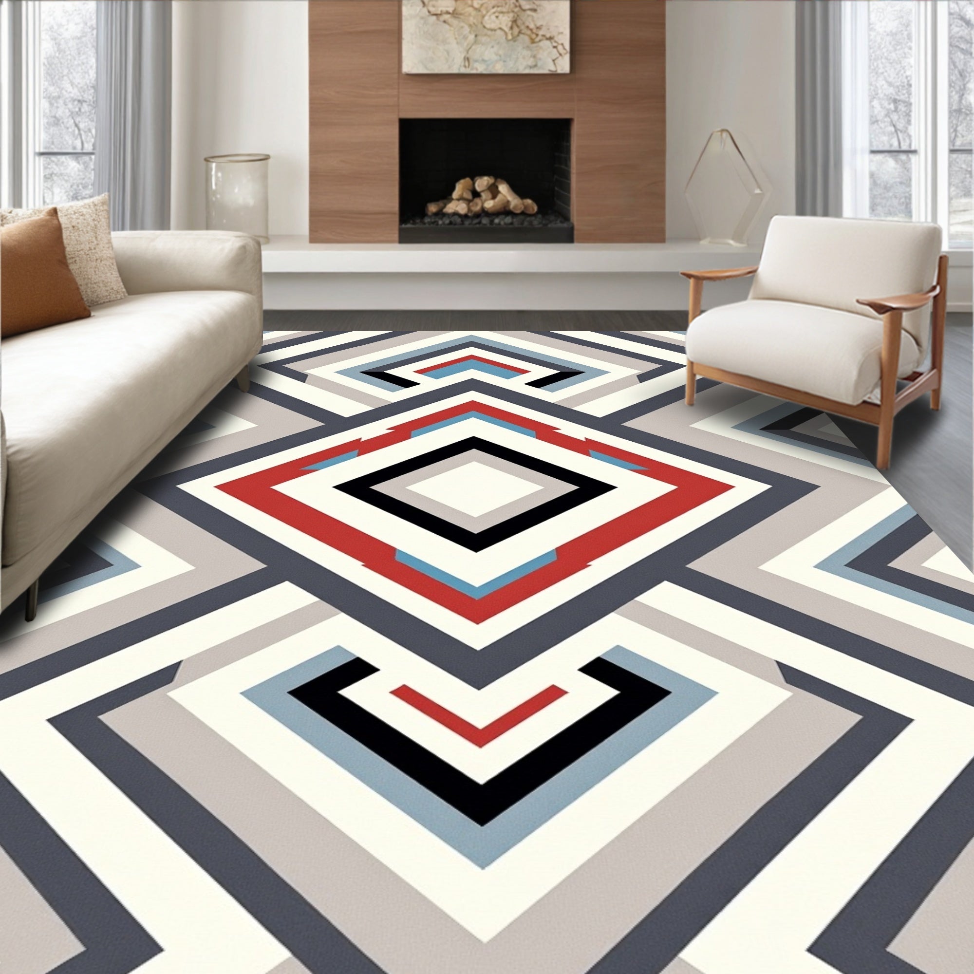 Geometric Diamond Red Blue Stripe Rug