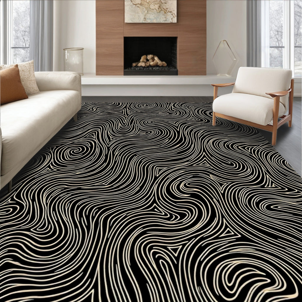 Cream Swirls Black Contemporary Abstract Rug