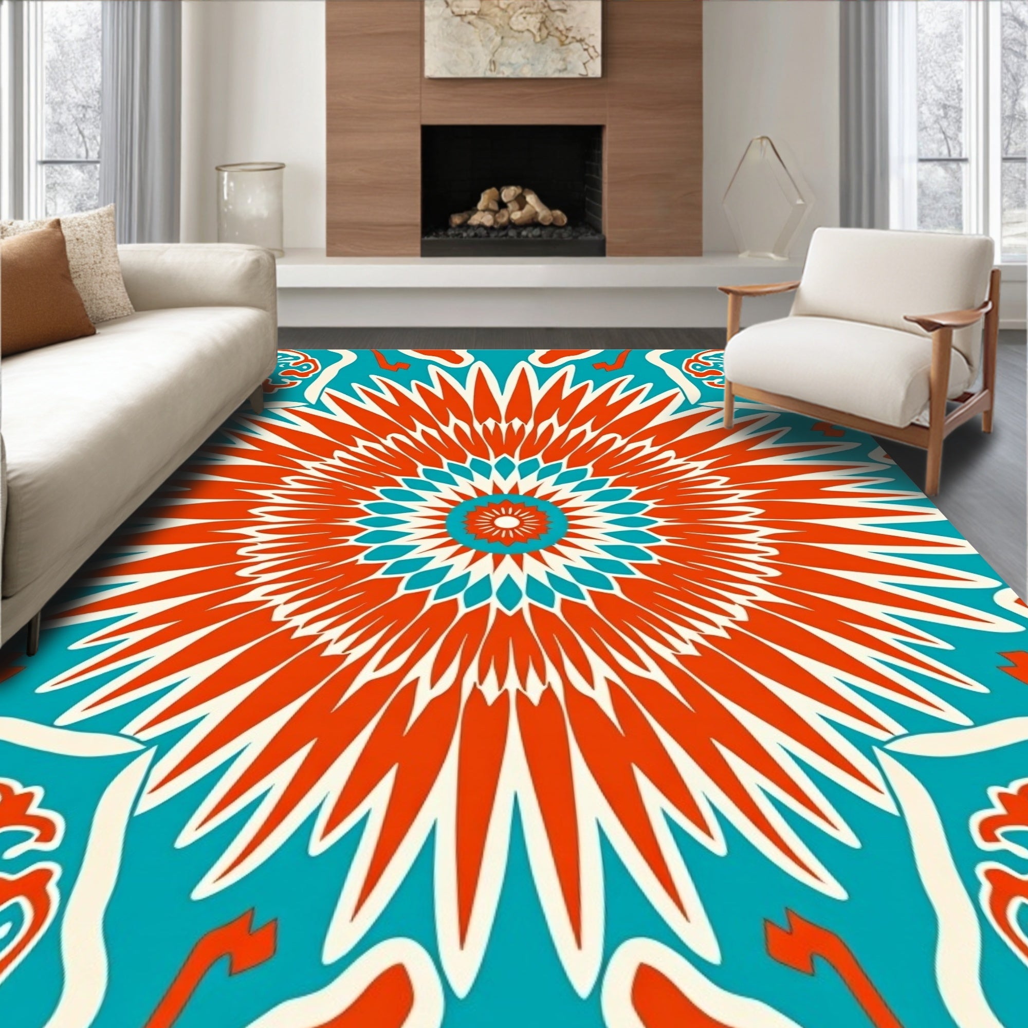 Orange Teal Mandala Sunburst Rug