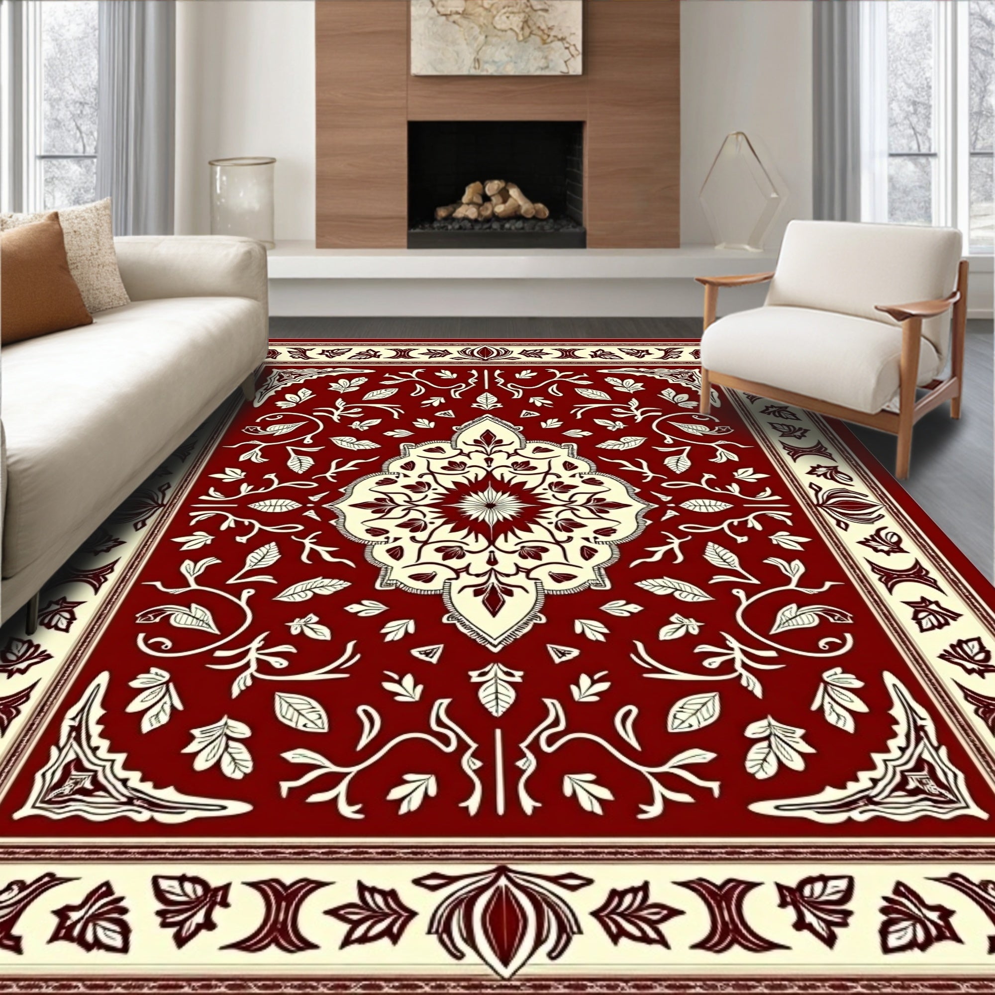 Rich Red Ivory Floral Vine Rug