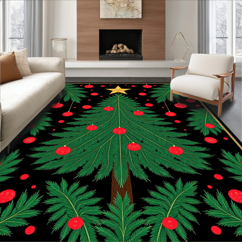 Festive Evergreen Tree Red Ornaments Rug