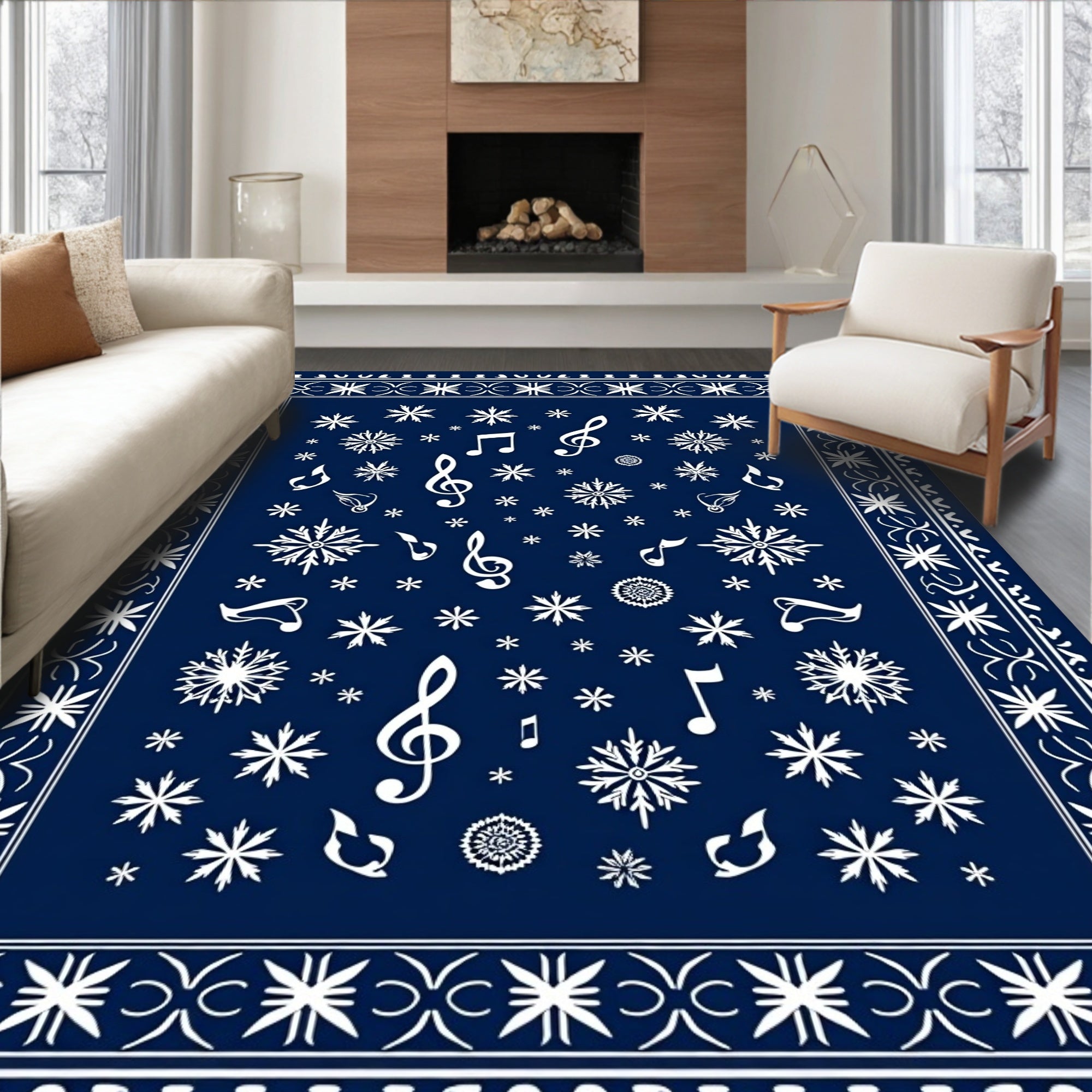 Midnight Blue Snowflake Music Notes Rug