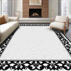 Black White Floral Botanical Border Rug