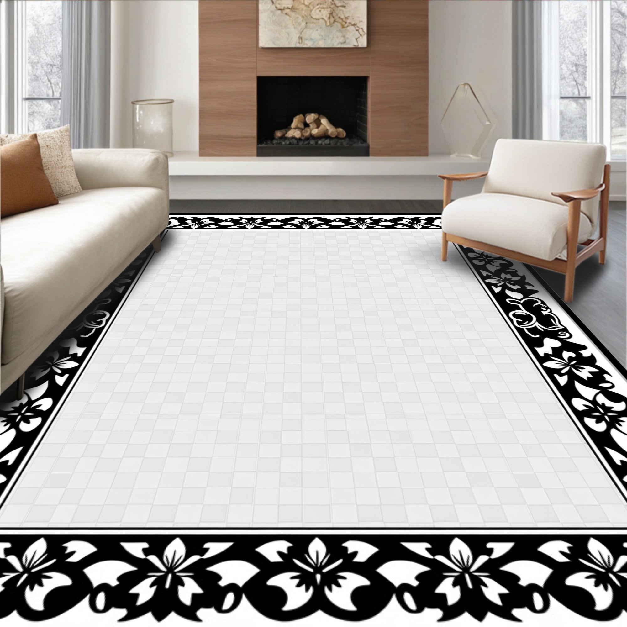 Black White Floral Botanical Border Rug