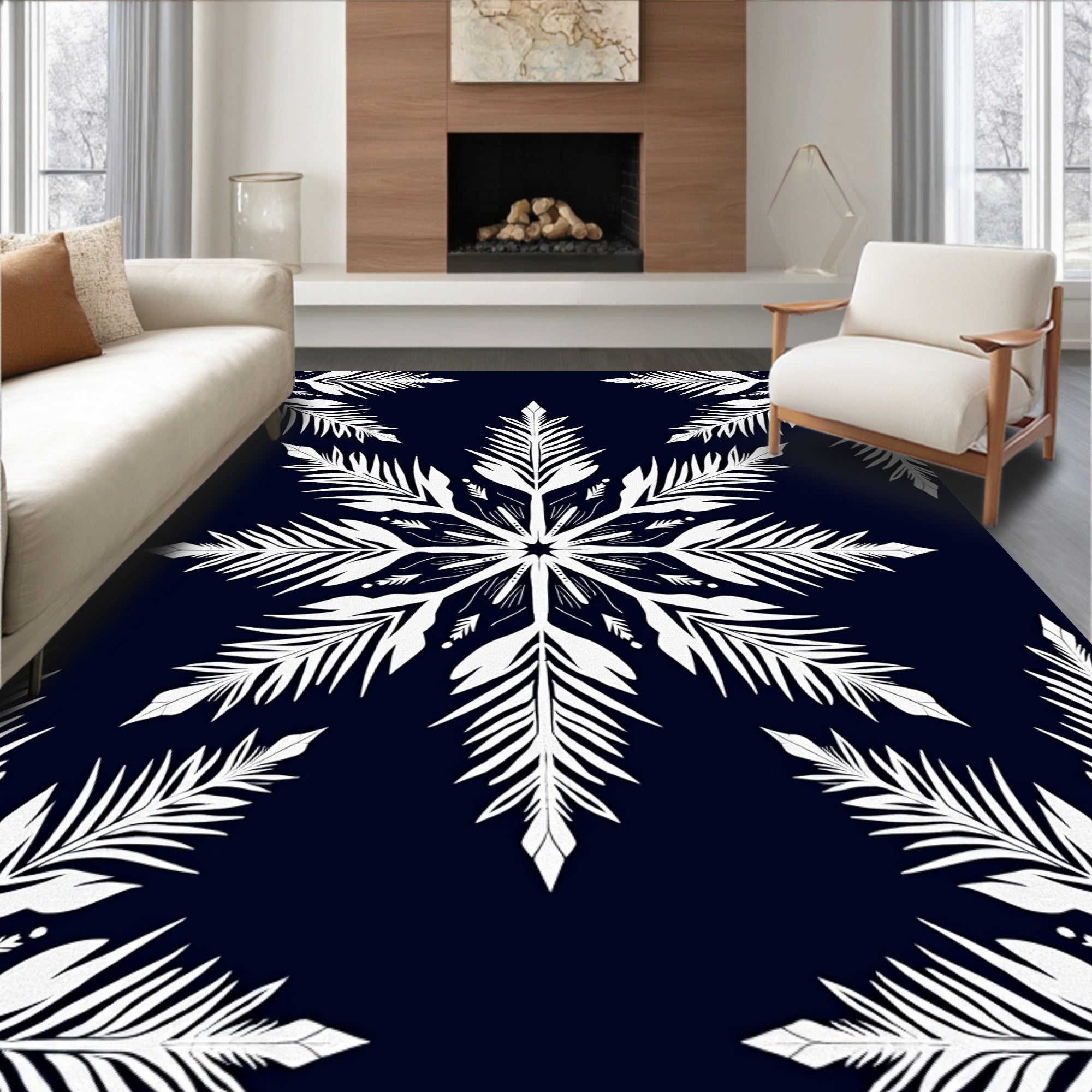 White Snowflakes Navy Blue Rug