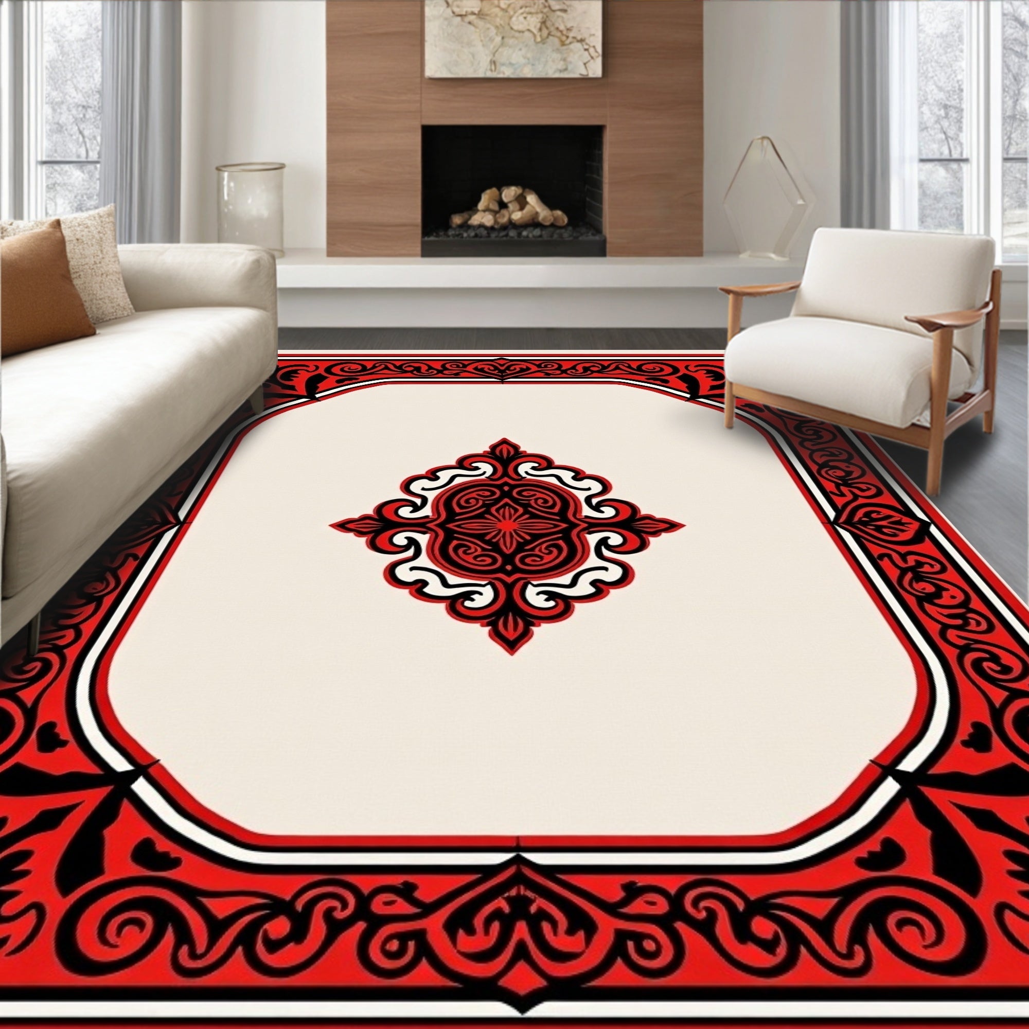 Crimson Black Ornate Medallion Border Rug