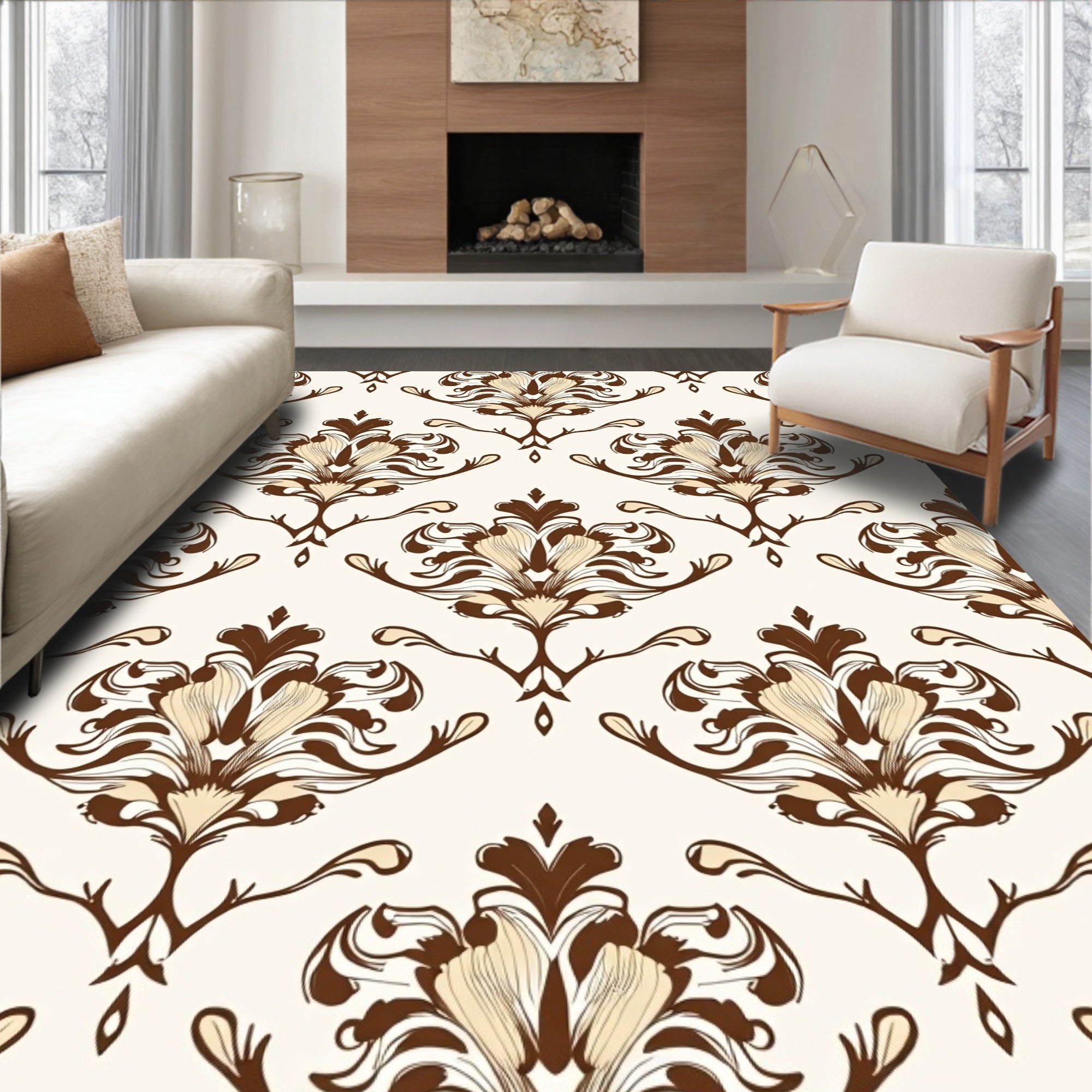 Antique Brown Floral Scroll Work Rug