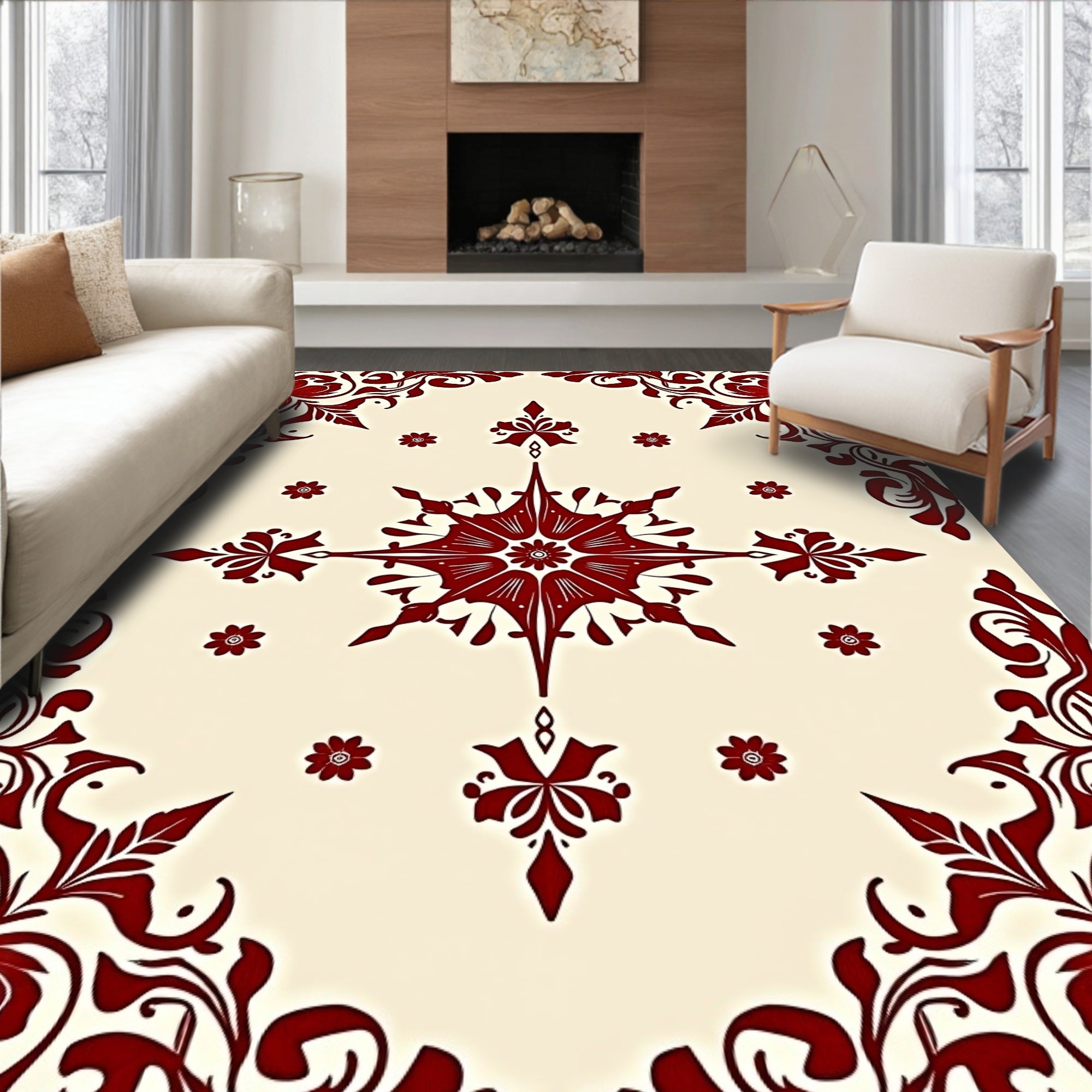 Deep Red Ornate Floral Symmetry Rug