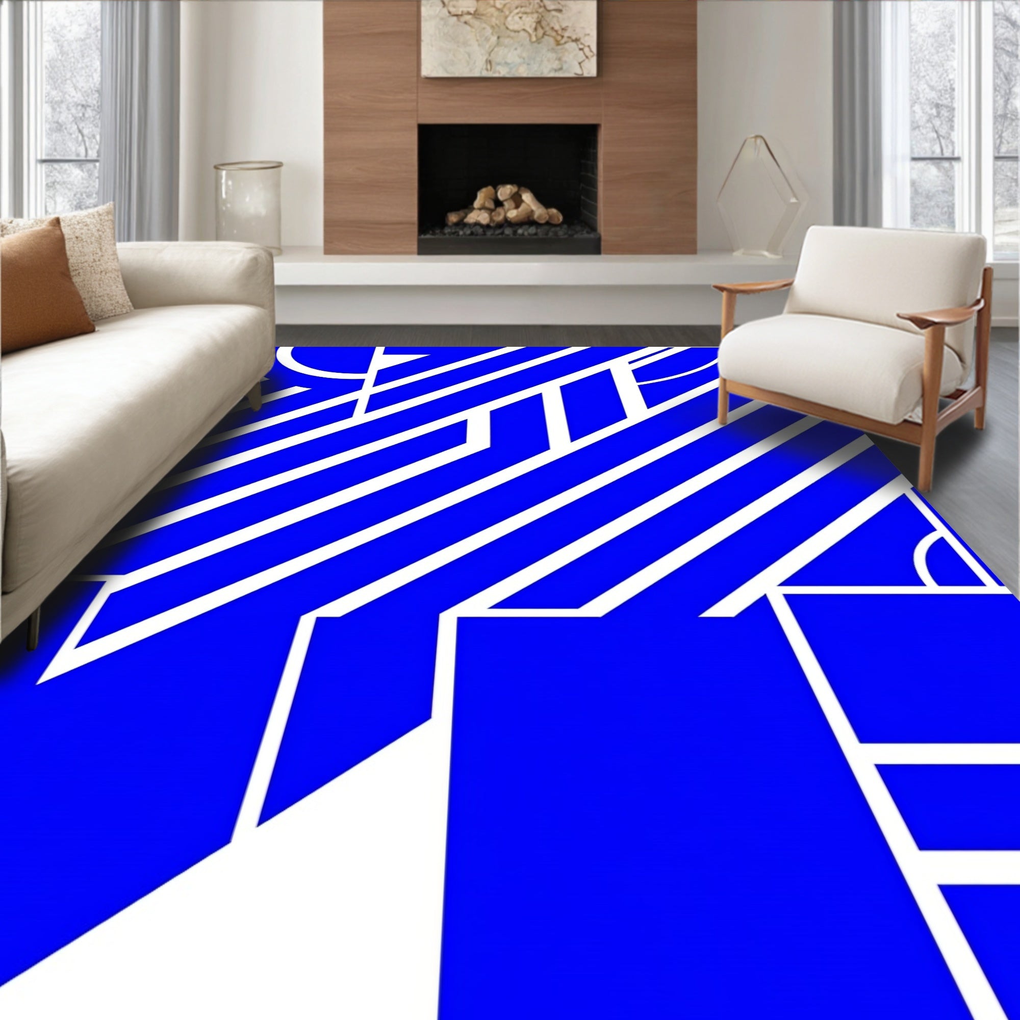 Bold Cobalt Geometric Stripe Abstract Rug