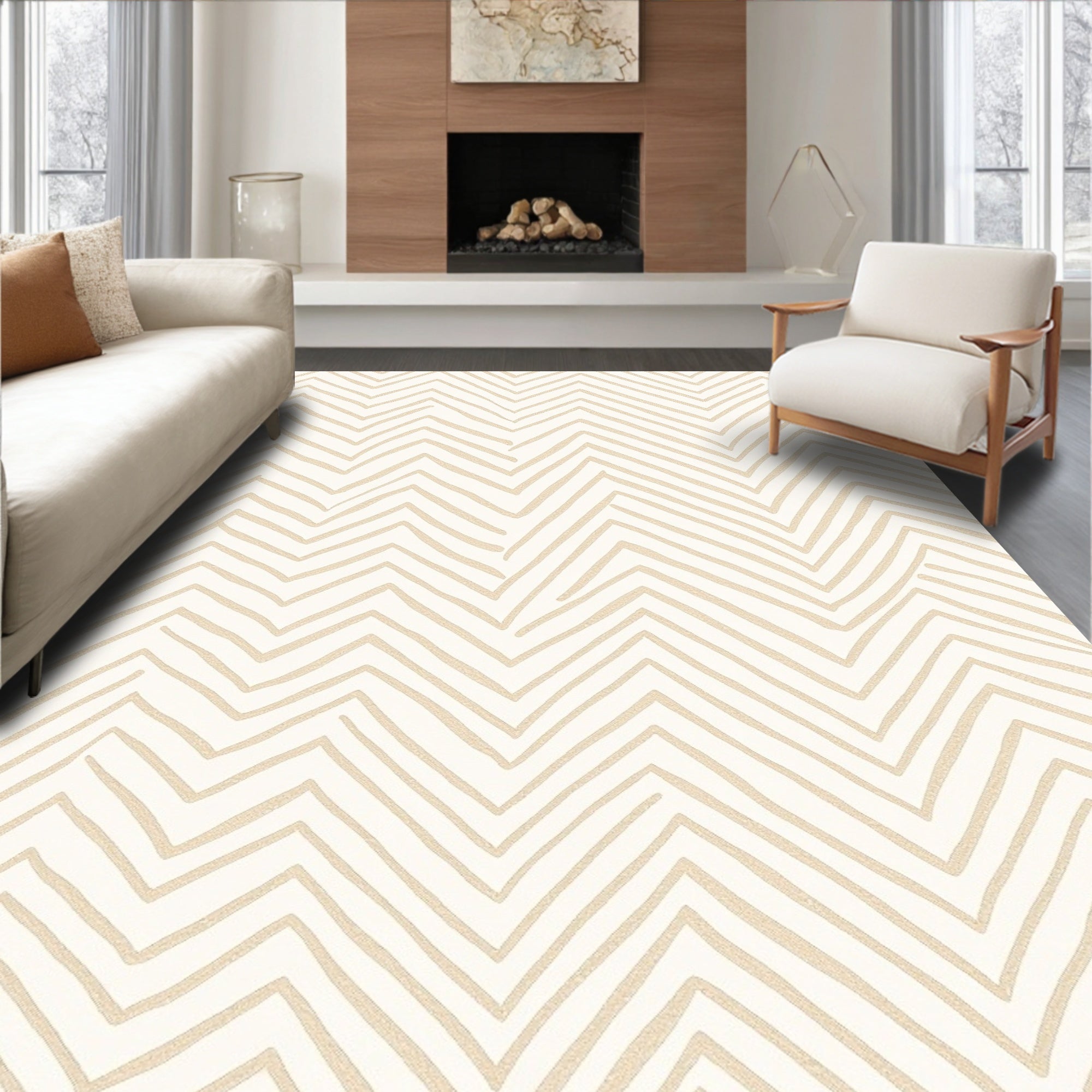 Sandy Beige Hand Drawn Chevron Rug