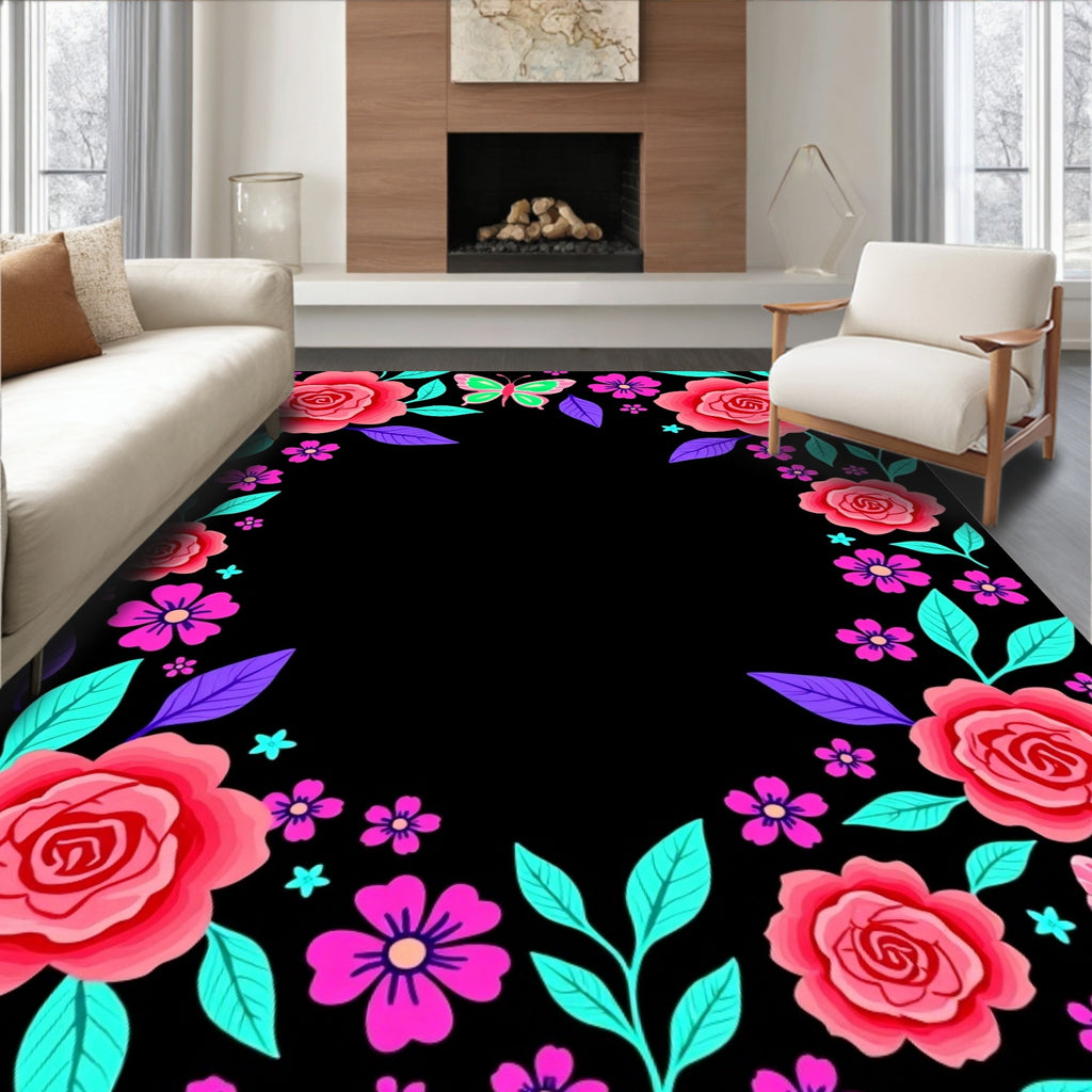 Vibrant Pink Roses Butterflies Floral Border Rug