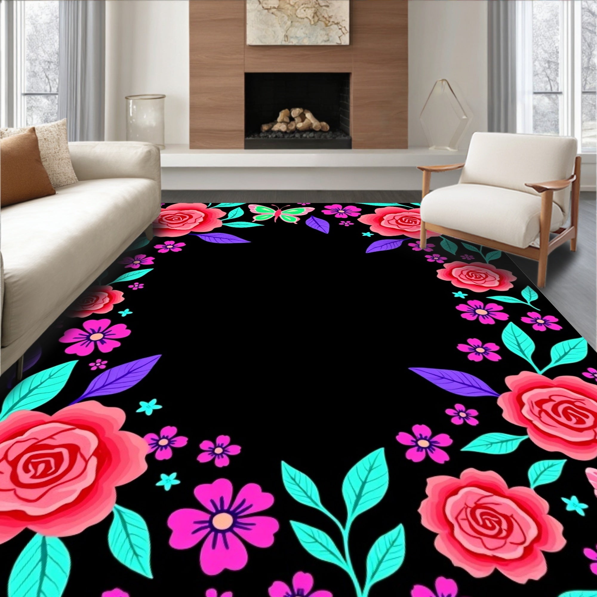Vibrant Pink Roses Butterflies Floral Border Rug