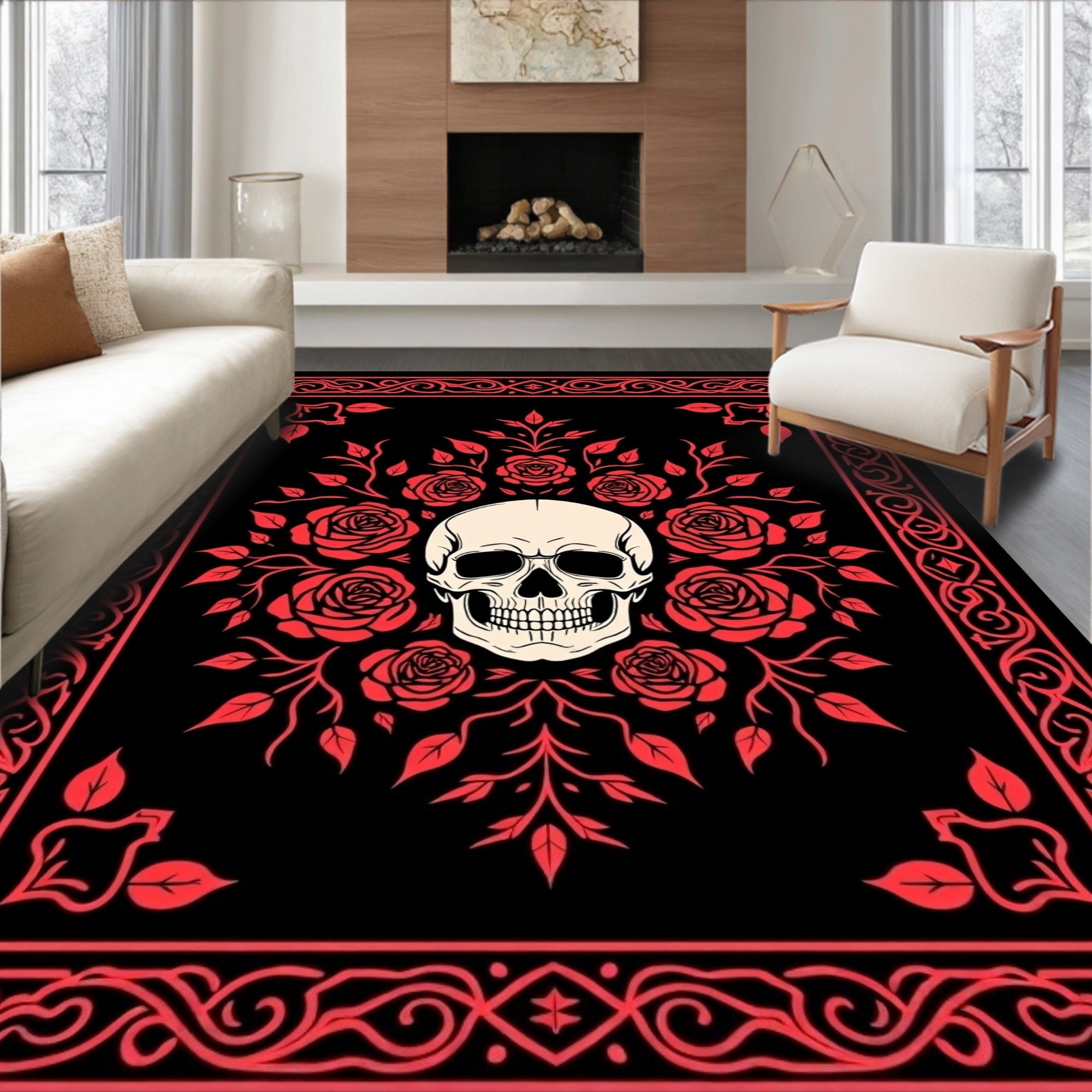 Crimson Skull Rose Border Accent Rug