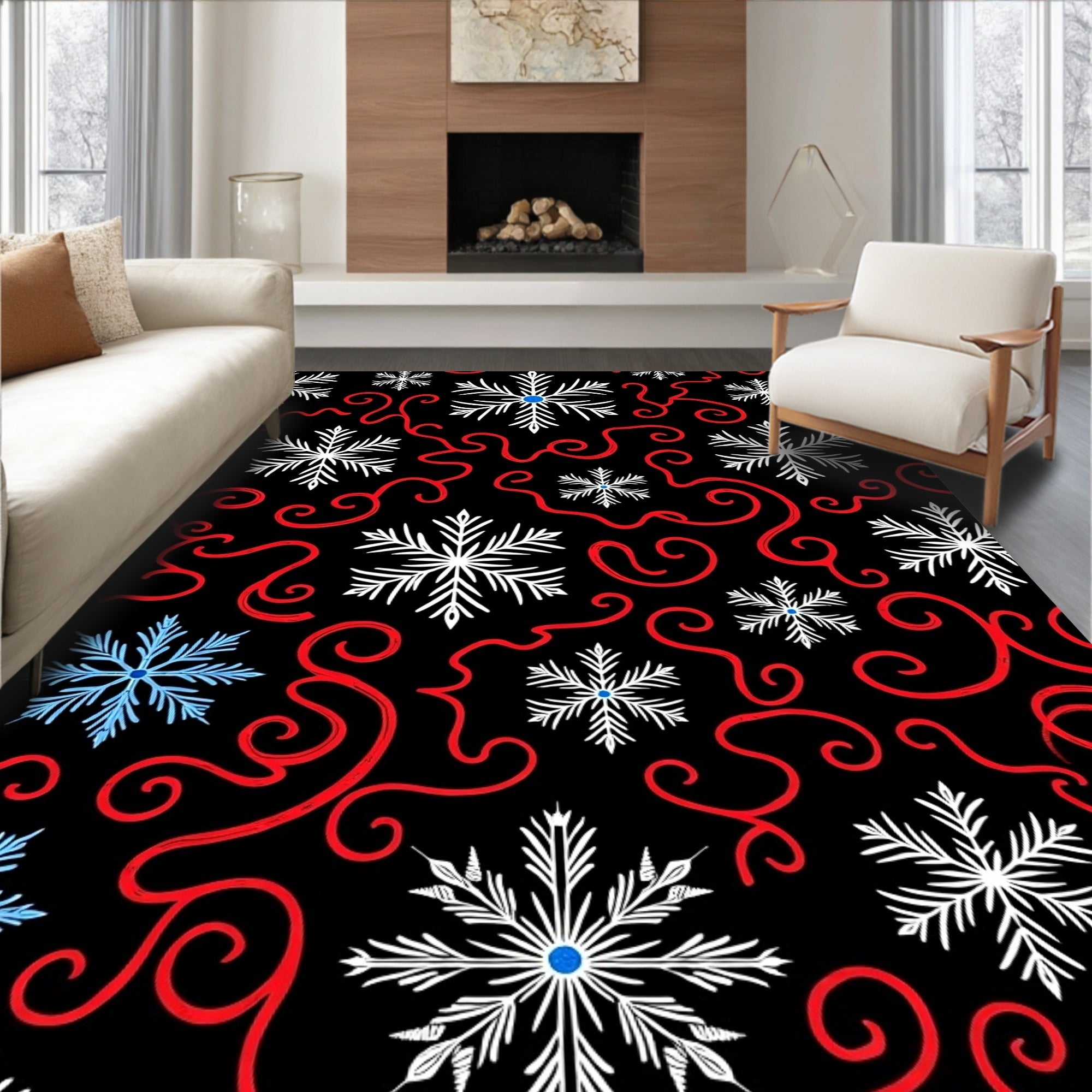 Red Swirl Snowflake Snowfall Rug