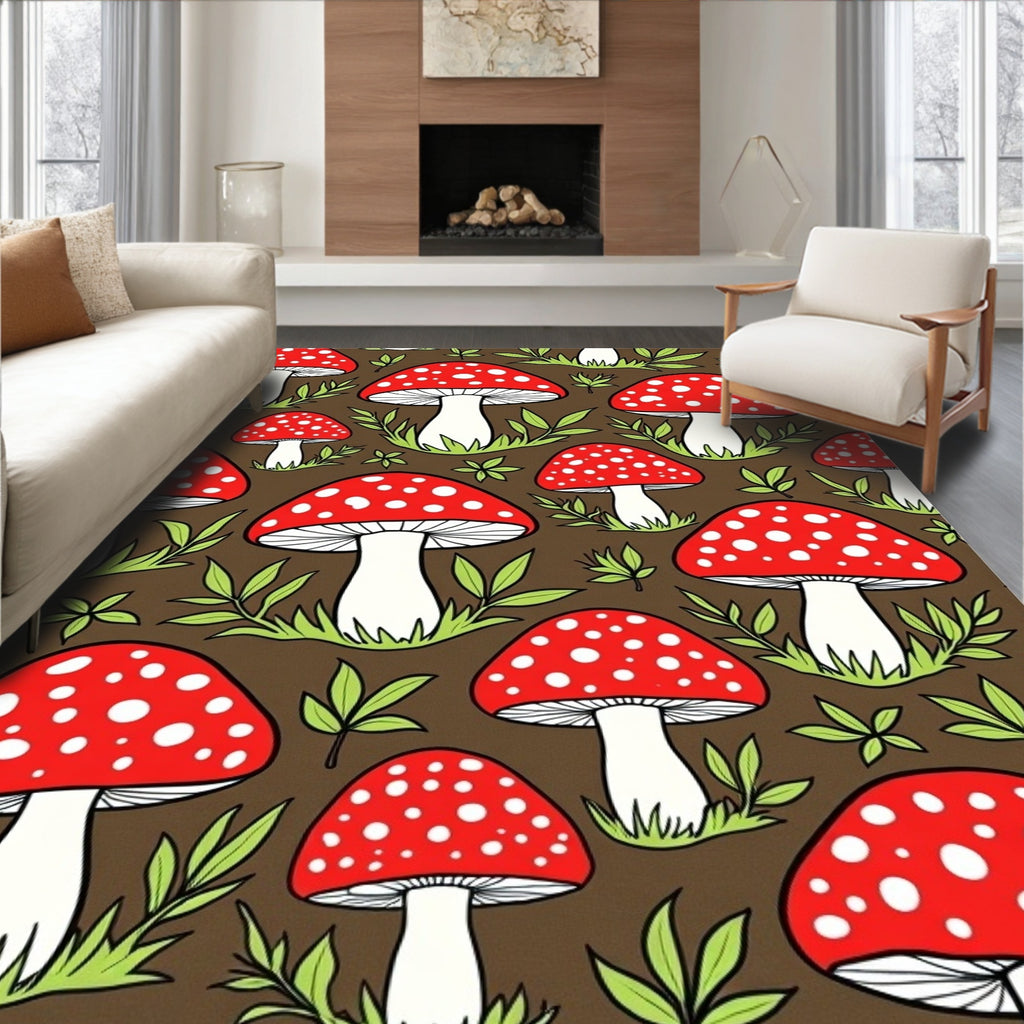 Red Mushroom Forest Whimsical Woodland Scene Rug