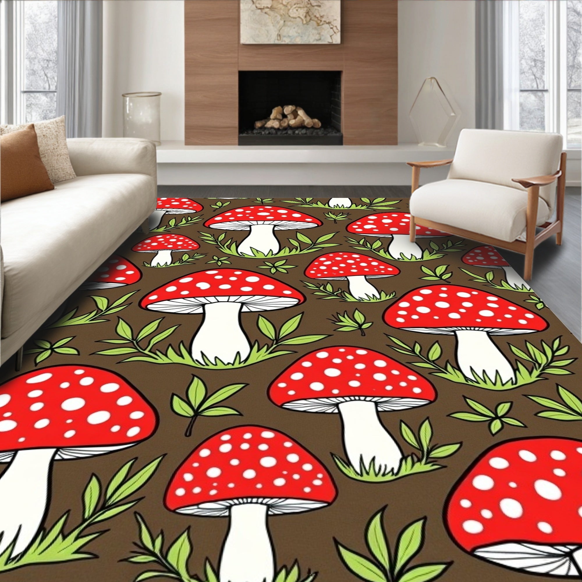 Red Mushroom Forest Whimsical Woodland Scene Rug