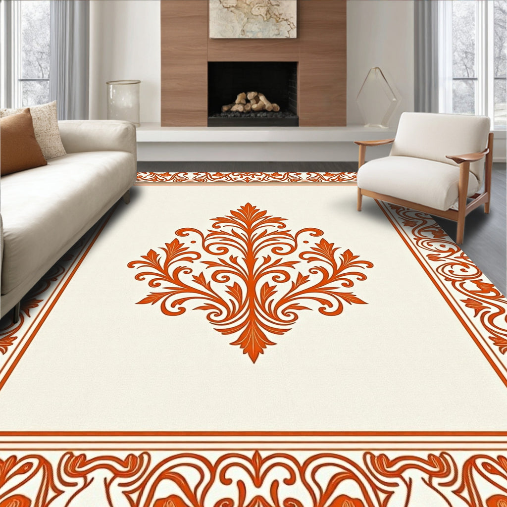 Orange Damask Floral Scroll Frame Rug
