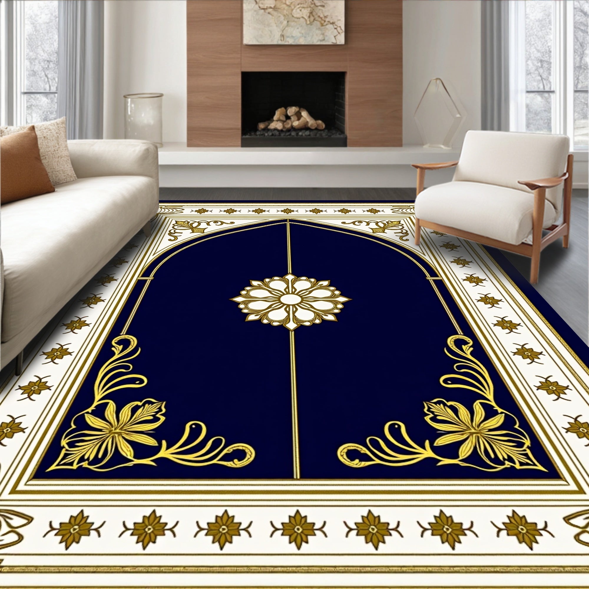 Royal Blue Gold Floral Arch Rug