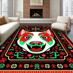 Vibrant Red Green Dog Folk Art Rug
