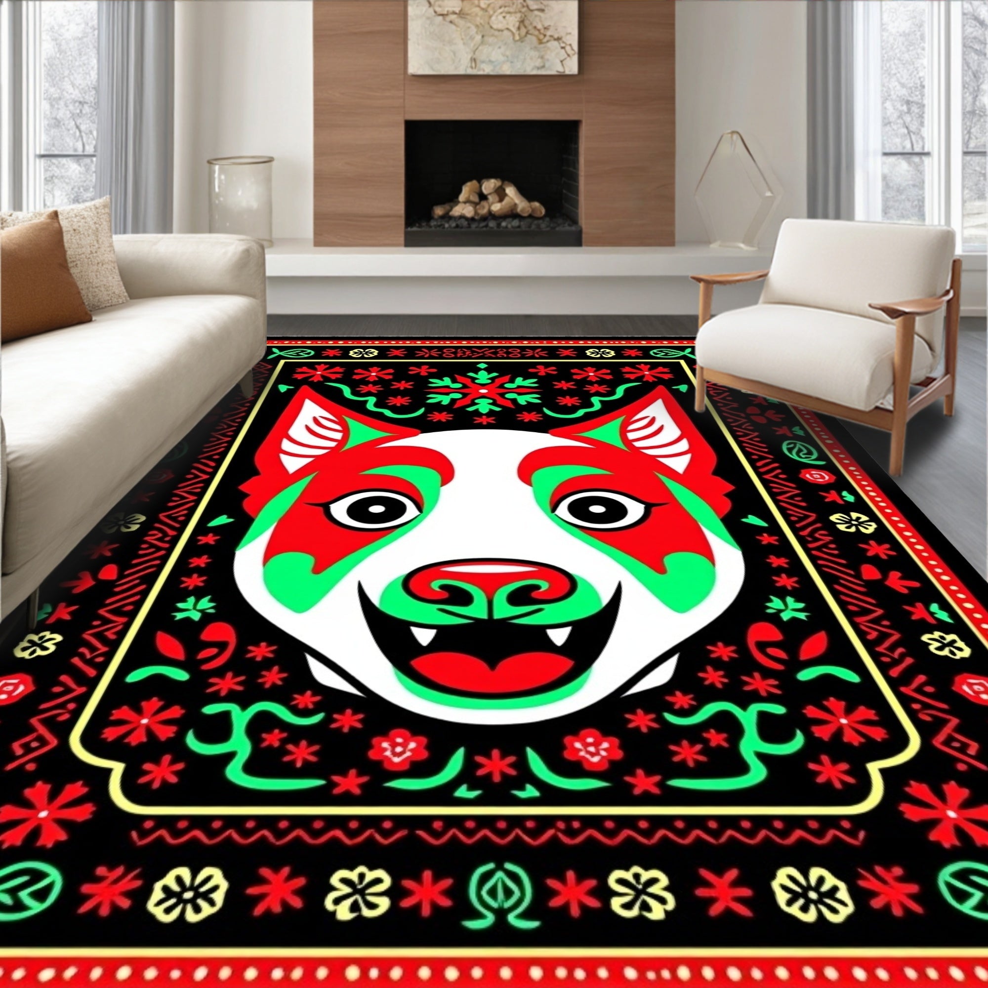 Vibrant Red Green Dog Folk Art Rug