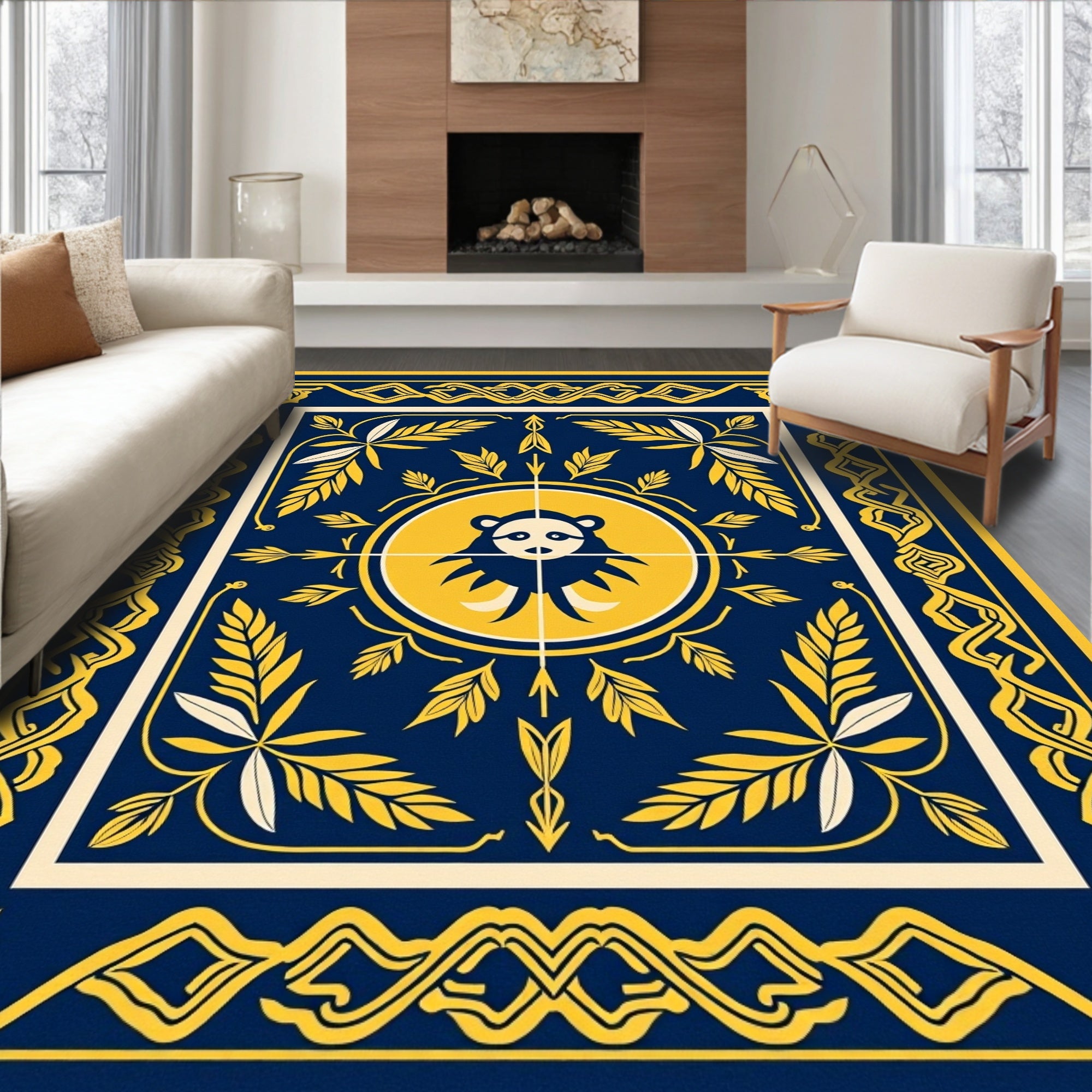Navy Golden Bear Leaf Border Rug