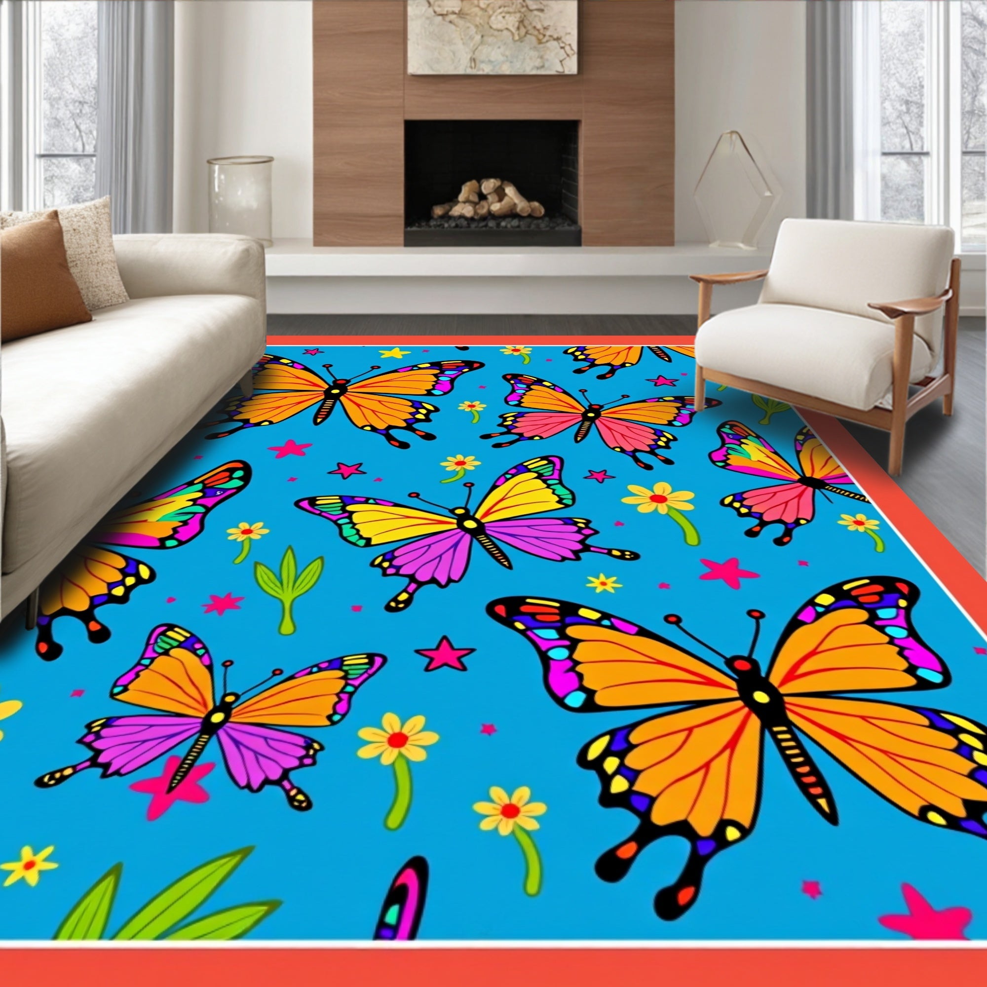 Vibrant Whimsical Butterfly Garden Rug