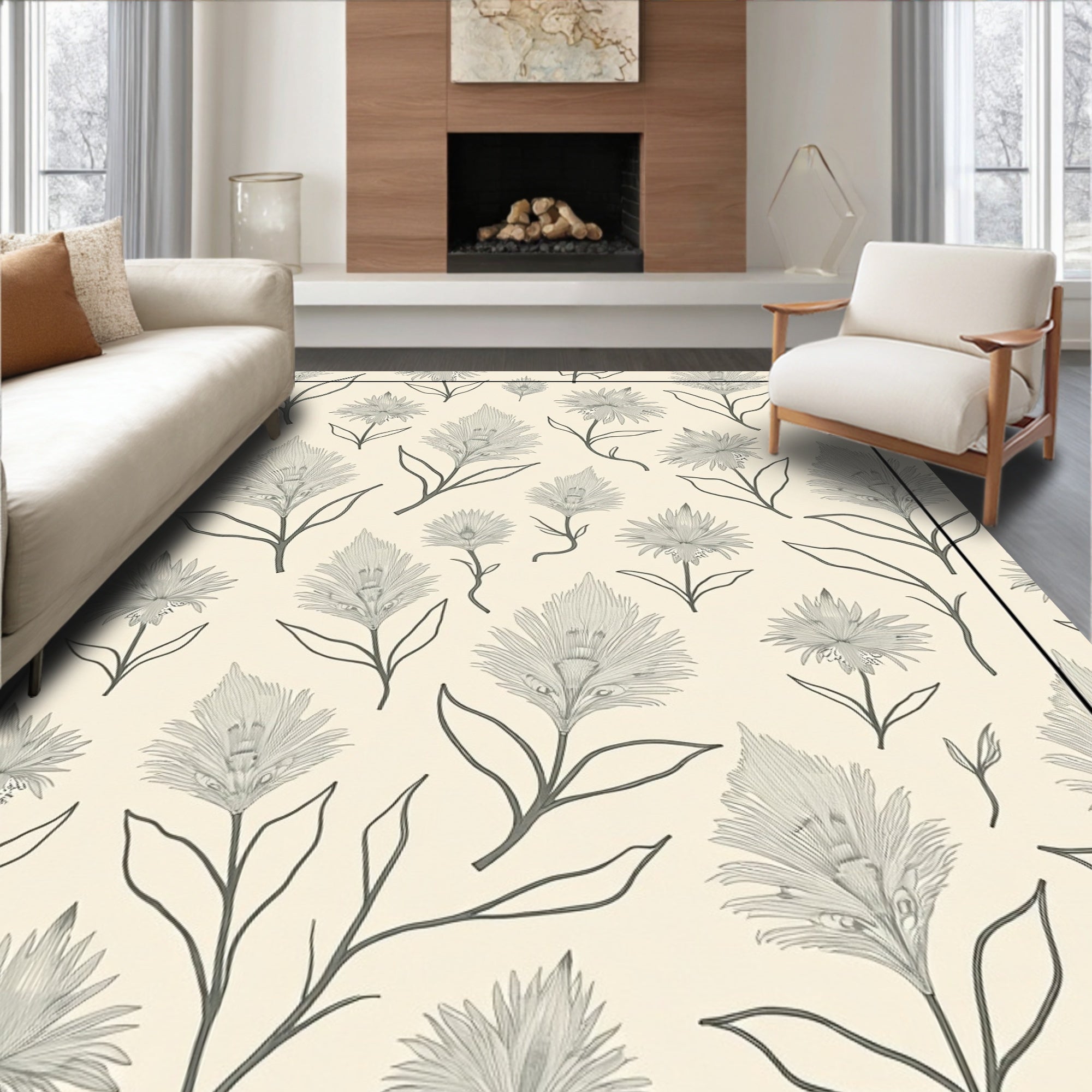 Neutral Cream Botanical Floral Rug