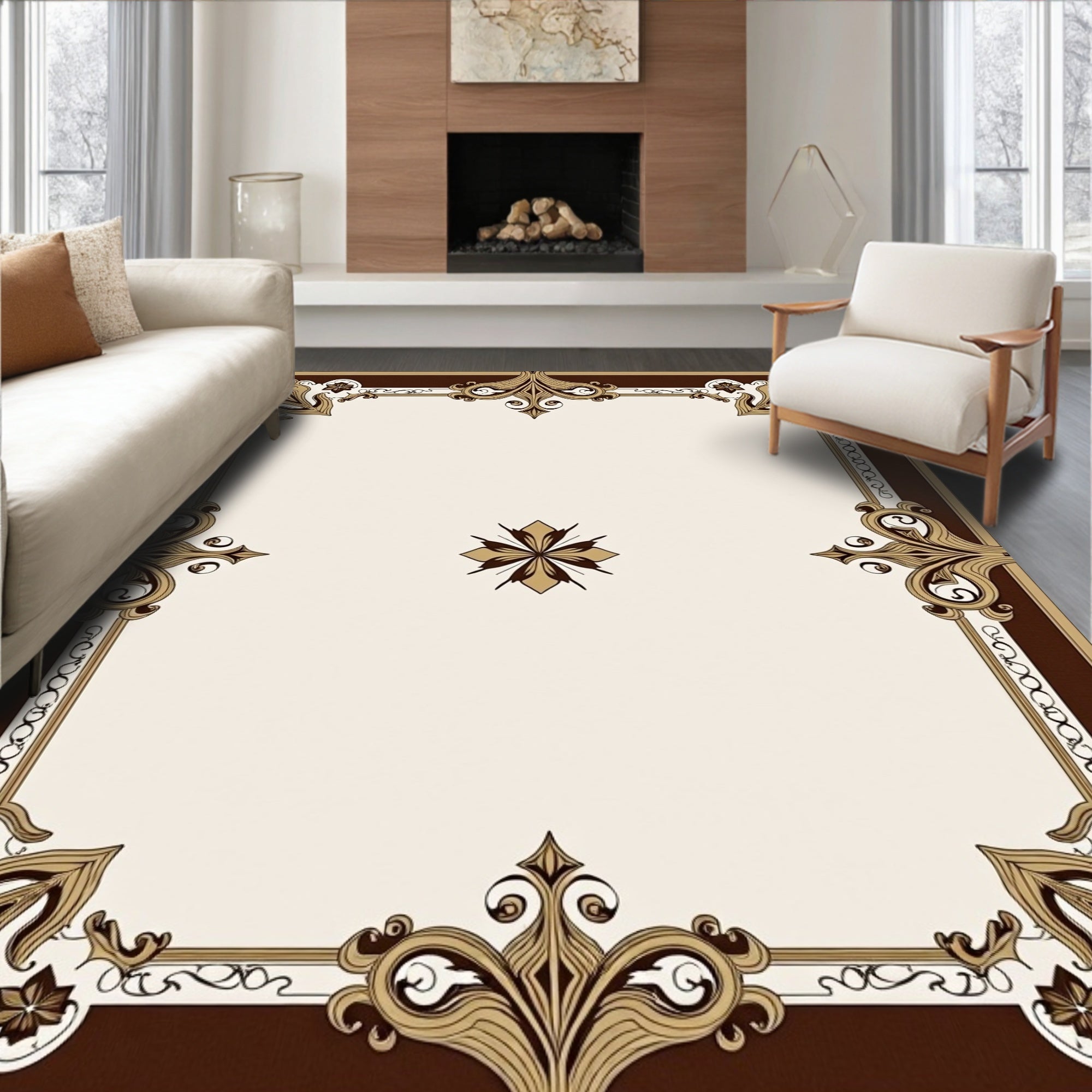 Ornate Brown and Gold Floral Medallion Rug