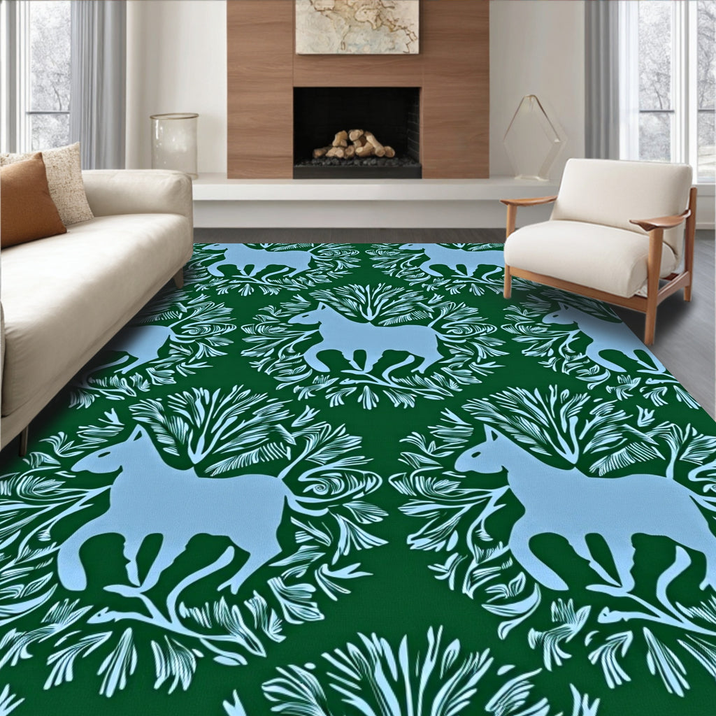 Light Blue Horse Green Floral Tableau Rug