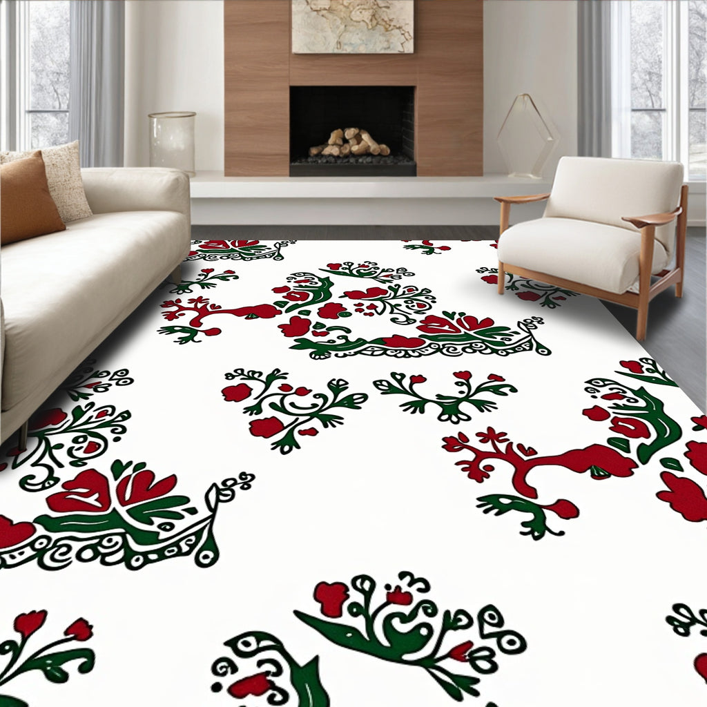Folk Red Green Floral Swirl Rug