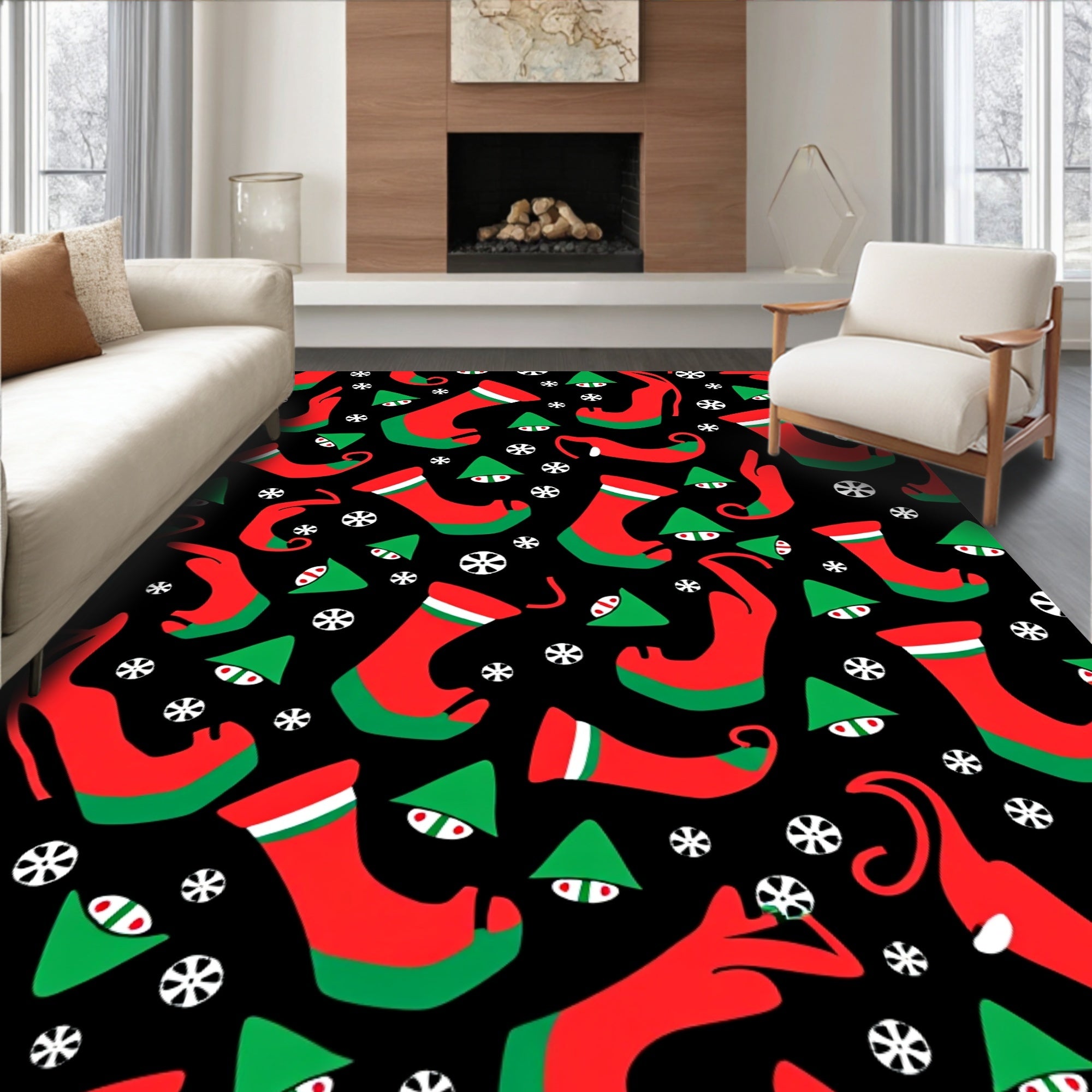 Christmas Stockings Snowflakes Black Rug