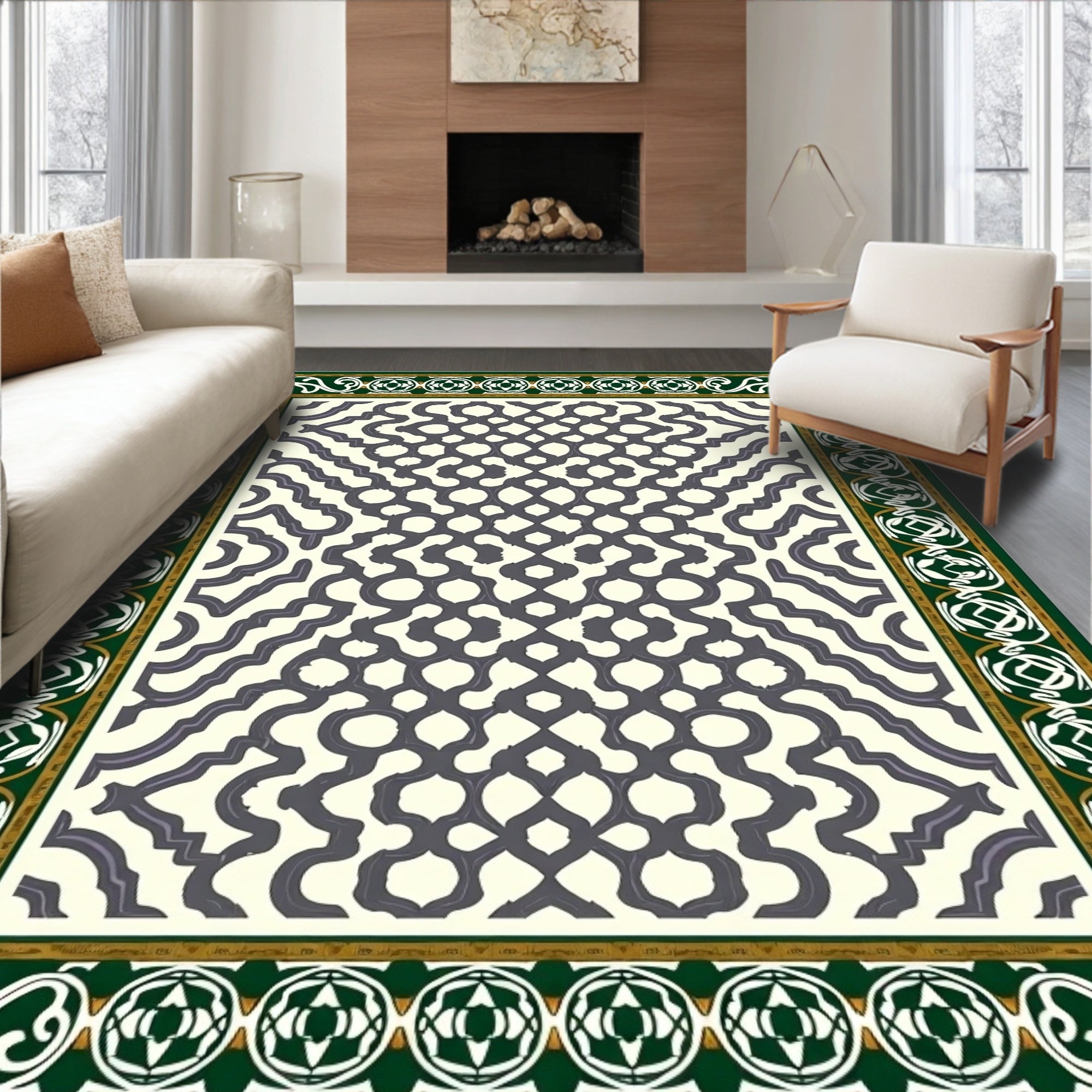 Ornate Green Golden Interlocking Lattice Rug