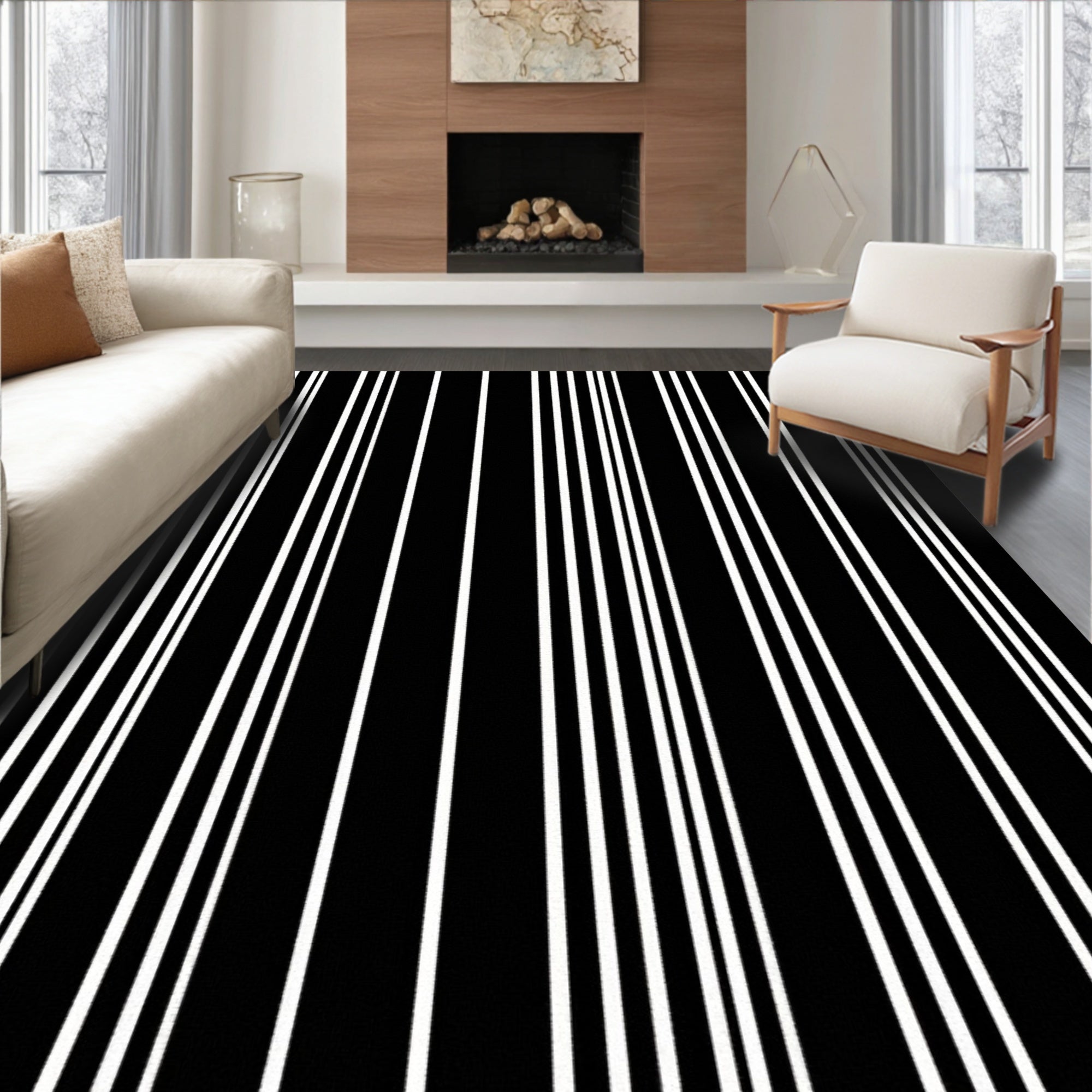 Bold Black White Vertical Stripe Rug