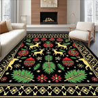 Golden Reindeer Red Green Festive Christmas Rug