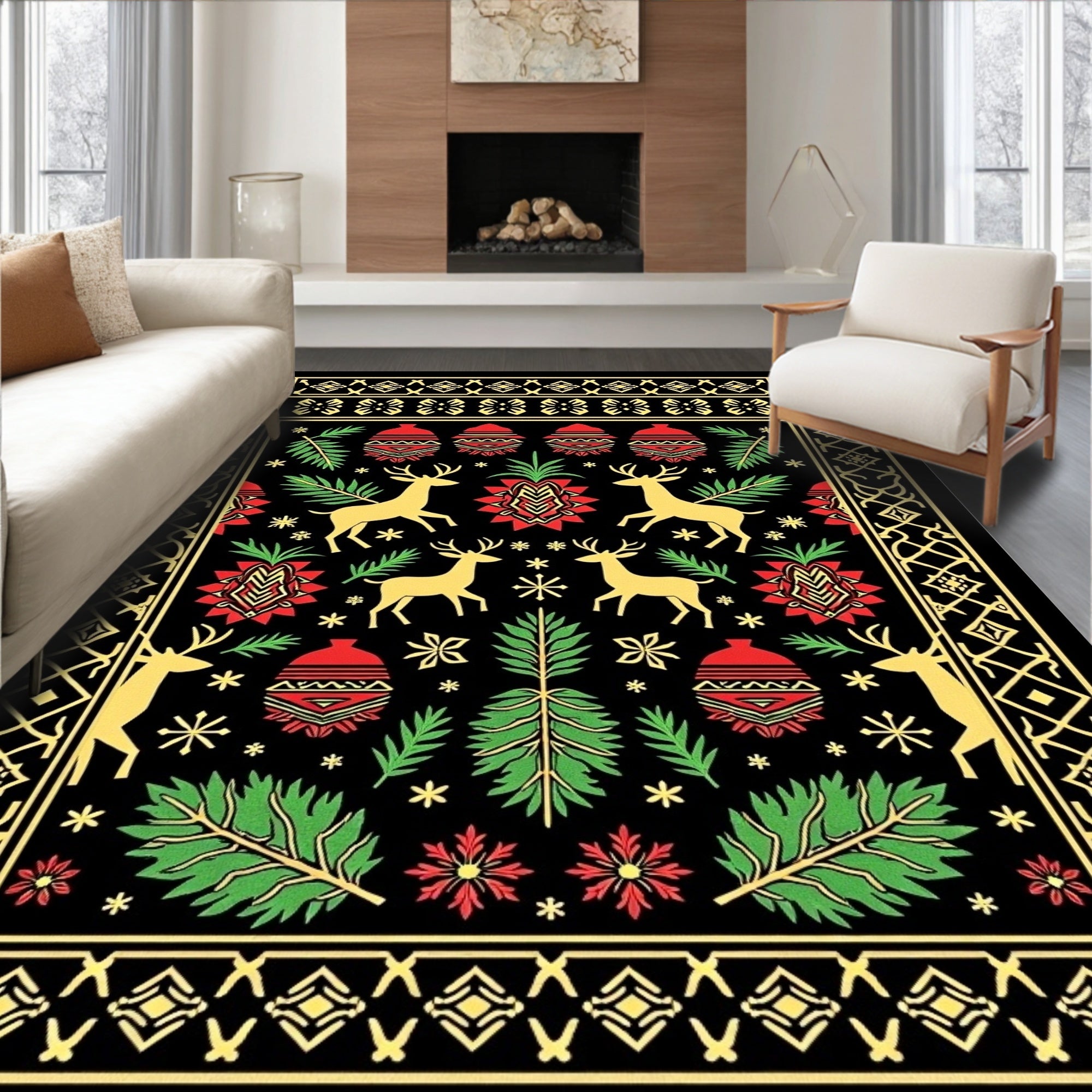 Golden Reindeer Red Green Festive Christmas Rug
