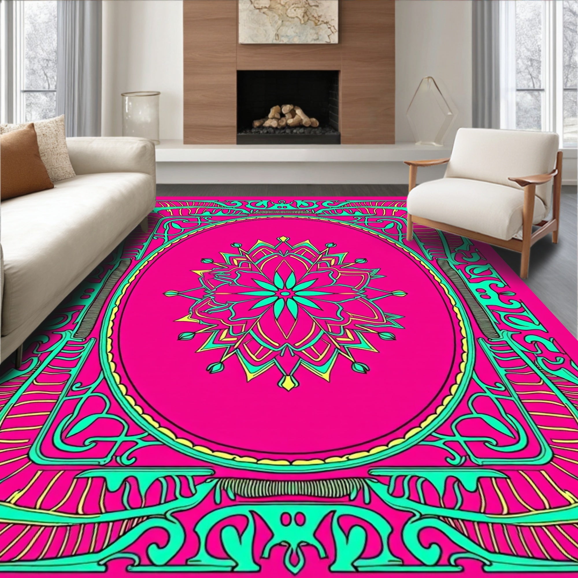 Vibrant Teal Floral Frame Rug