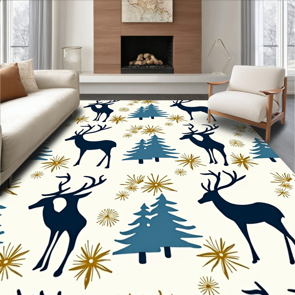 Navy Deer Pine Snowflakes Gold Rug
