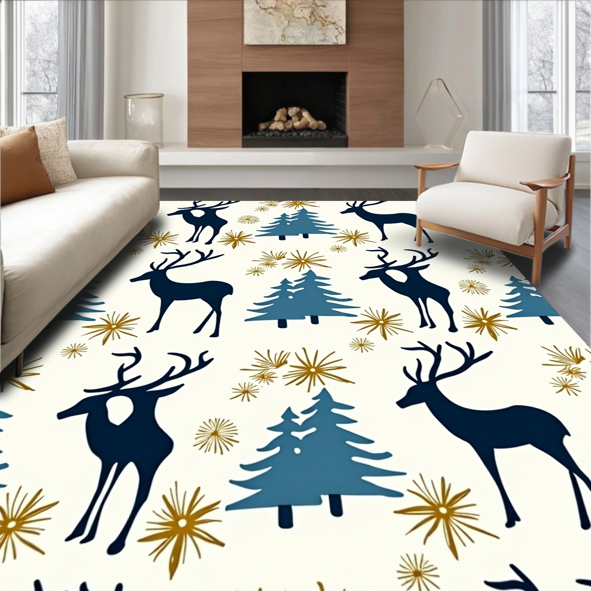 Navy Deer Pine Snowflakes Gold Rug