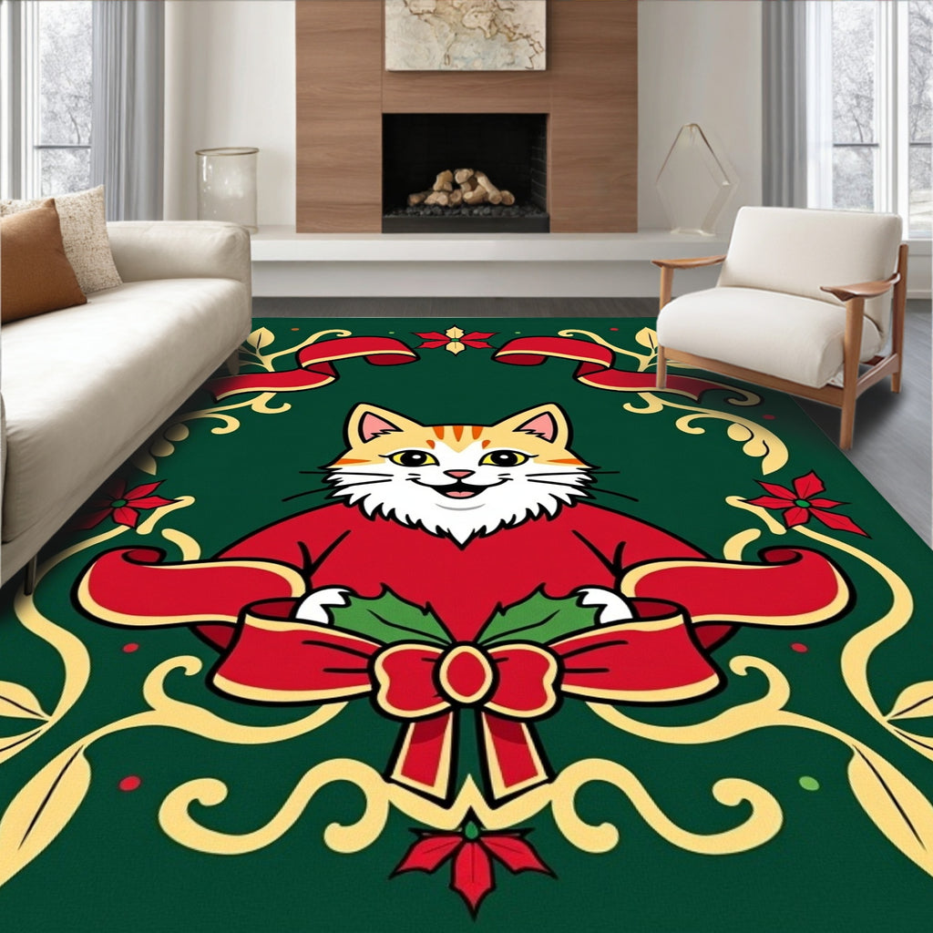Christmas Cat Ribbon Holly Floral Rug